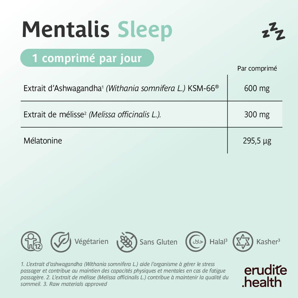 Boîte de 90 comprimés Mentalis Sleep. Contient de l'Ashwagandha et de la Mélatonine.