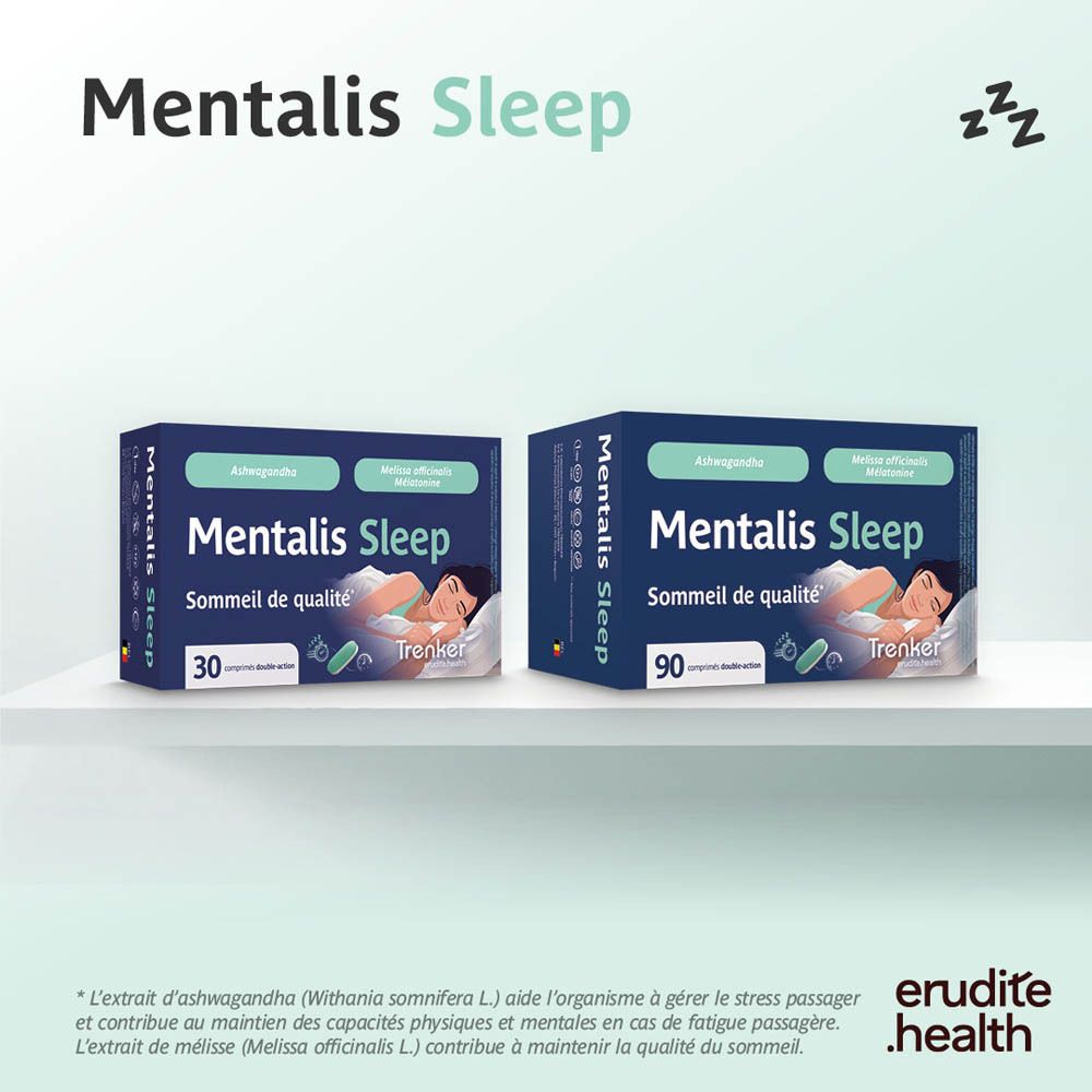 Boîte de 90 comprimés Mentalis Sleep. Contient de l'Ashwagandha et de la Mélatonine.