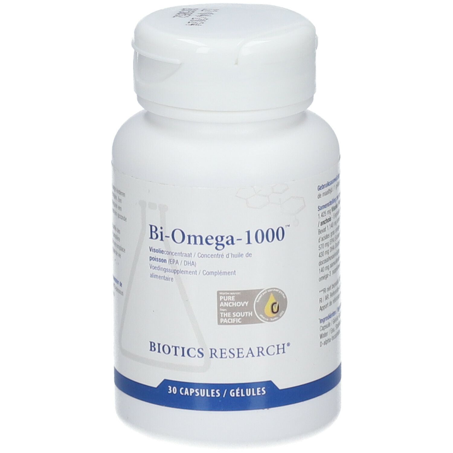 Flacon blanc de gélules. Inscription: Bi-Omega-1000, Biotics Research. 30 capsules/gélules. Label: Pure Anchovy, The South Pacific.
