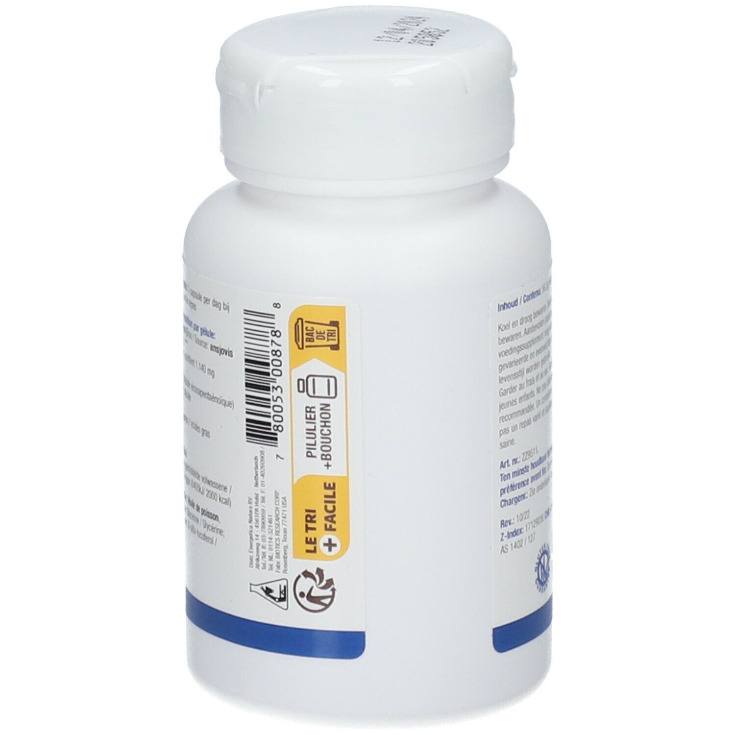 Dos d'un flacon blanc de gélules. Autocollant: Le Tri + Facile, Pillulier + Bouchon. Code-barres.