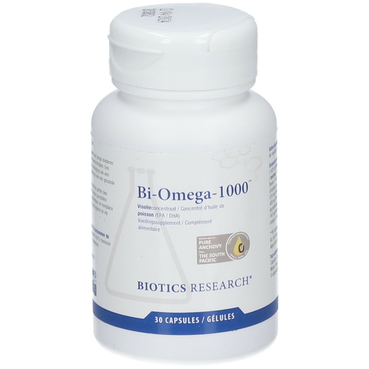 Flacon blanc de gélules. Inscription: Bi-Omega-1000, Biotics Research. 30 capsules/gélules. Label: Pure Anchovy, The South Pacific.