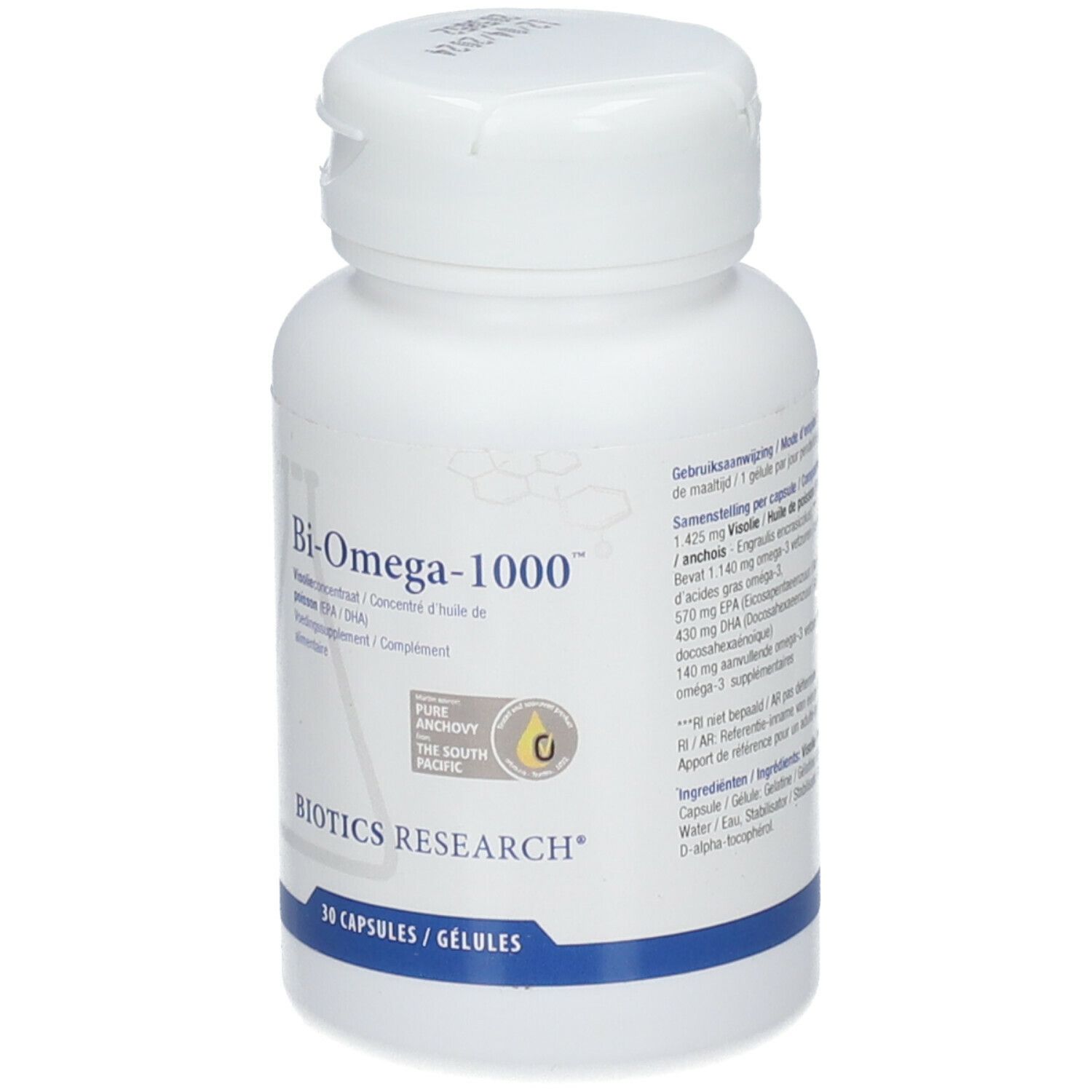 Flacon blanc de gélules. Inscription: Bi-Omega-1000, Biotics Research. 30 capsules/gélules. Label: Pure Anchovy, The South Pacific.