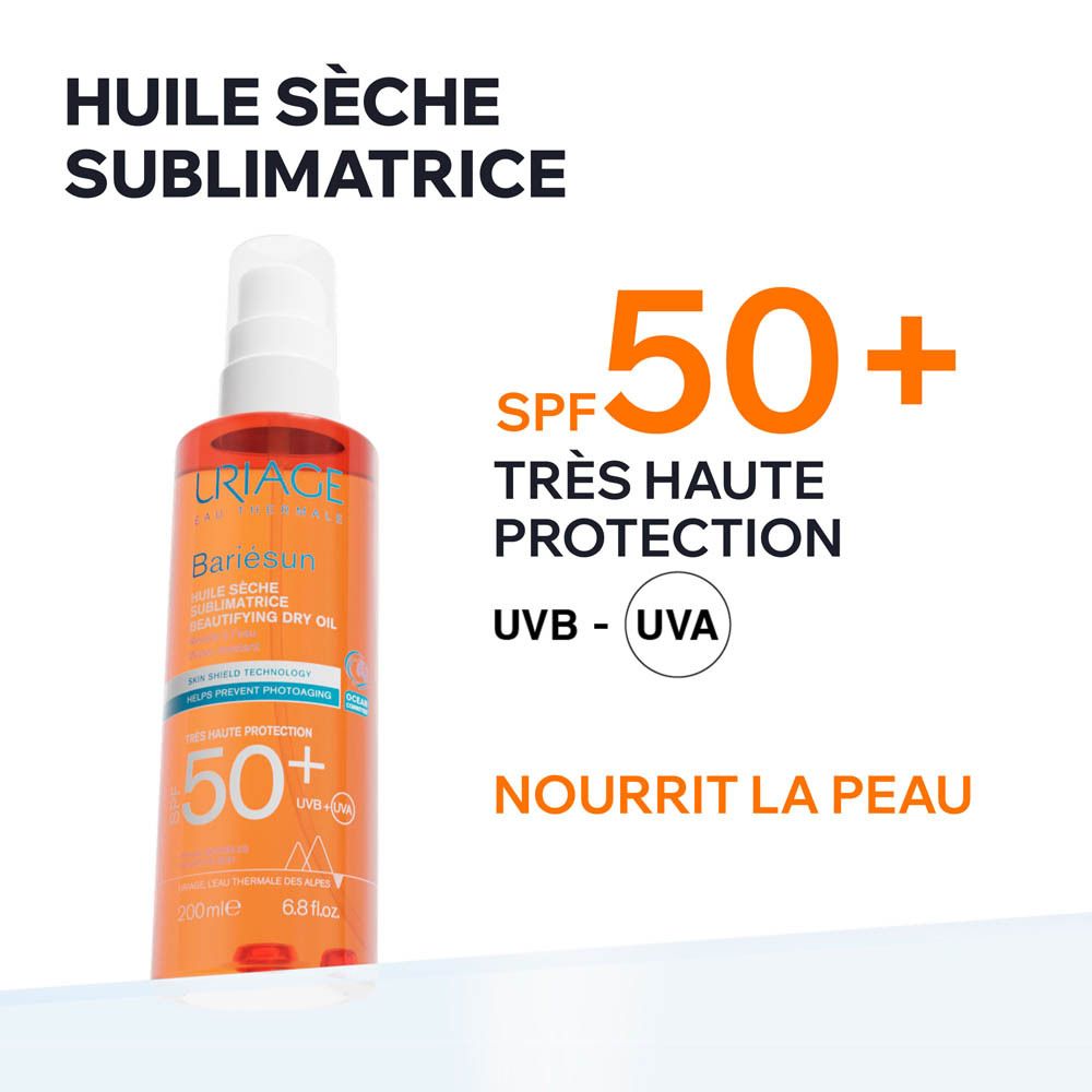 Texte avec informations produit. Protection SPF 50+ et UVA/UVB. Soin de la peau. Pour tous types de peaux.
