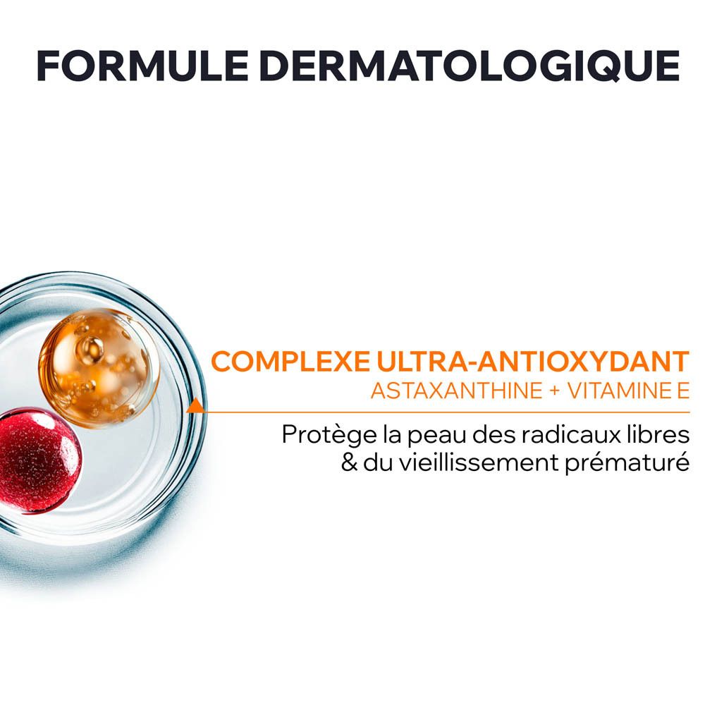 Gros plan sur les ingrédients. Complexe ultra-antioxydant. Astaxanthine + Vitamine E. Protège des radicaux libres.