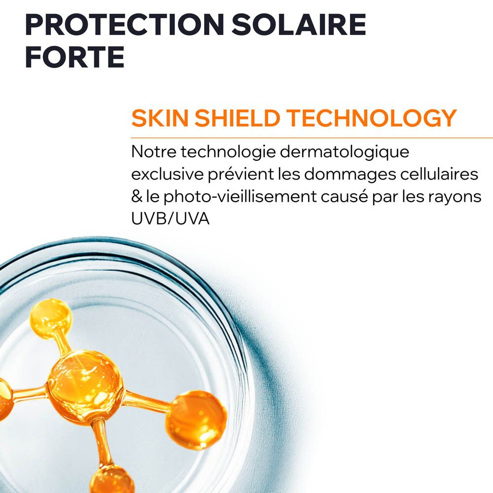 Gros plan sur les ingrédients. Technologie Skin Shield. Protège des dommages cellulaires et du photo-vieillissement.