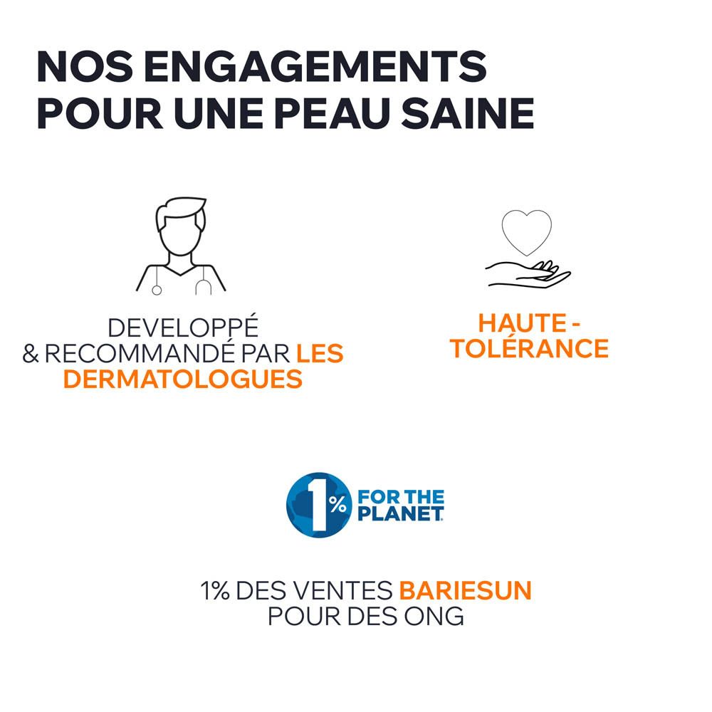 Graphique avec logos. Développé et recommandé par les dermatologues. Haute tolérance. 1% pour la planète.