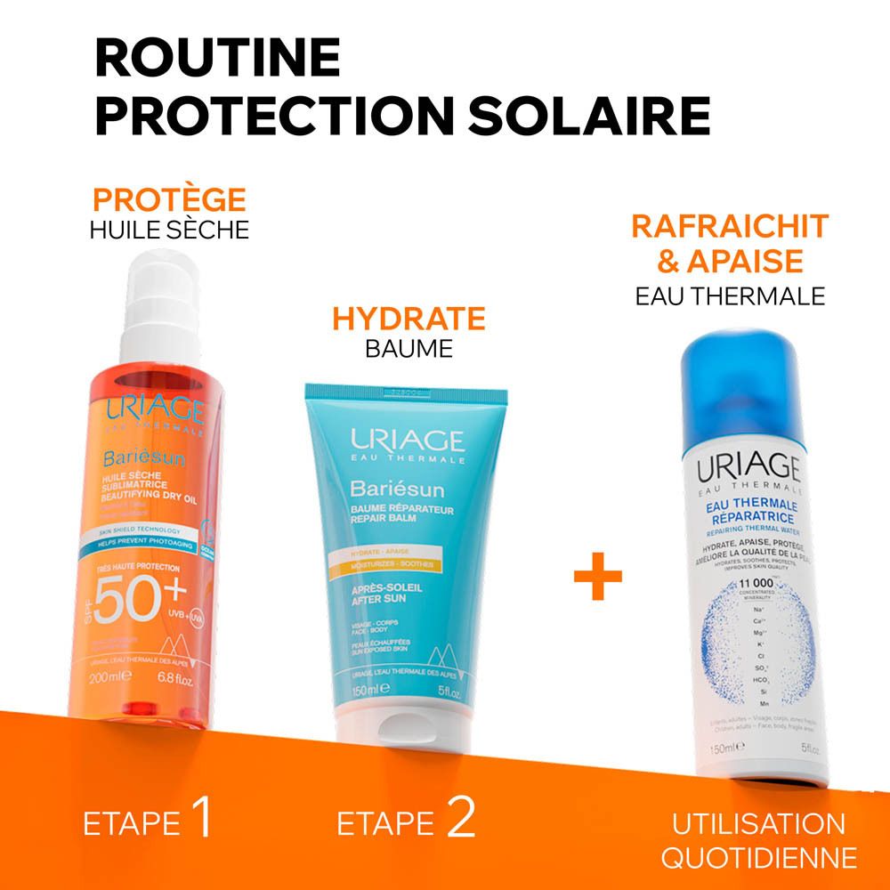 Routine protection solaire. Uriage Bariésun Huile Sèche SPF50+. Uriage Baume Après-Soleil. Uriage Eau Thermale.