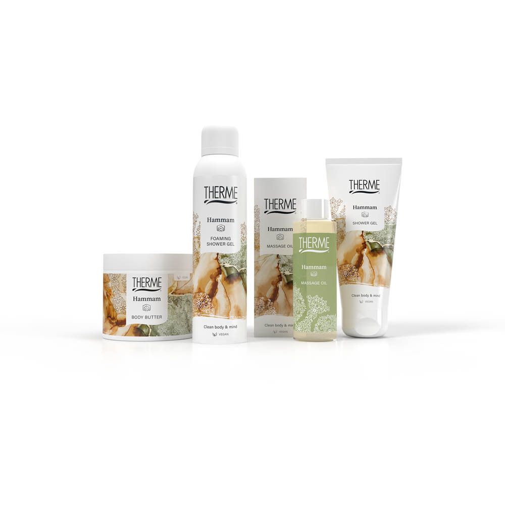 Divers produits THERME sur fond blanc. Y compris THERME Hammam BODY BUTTER.