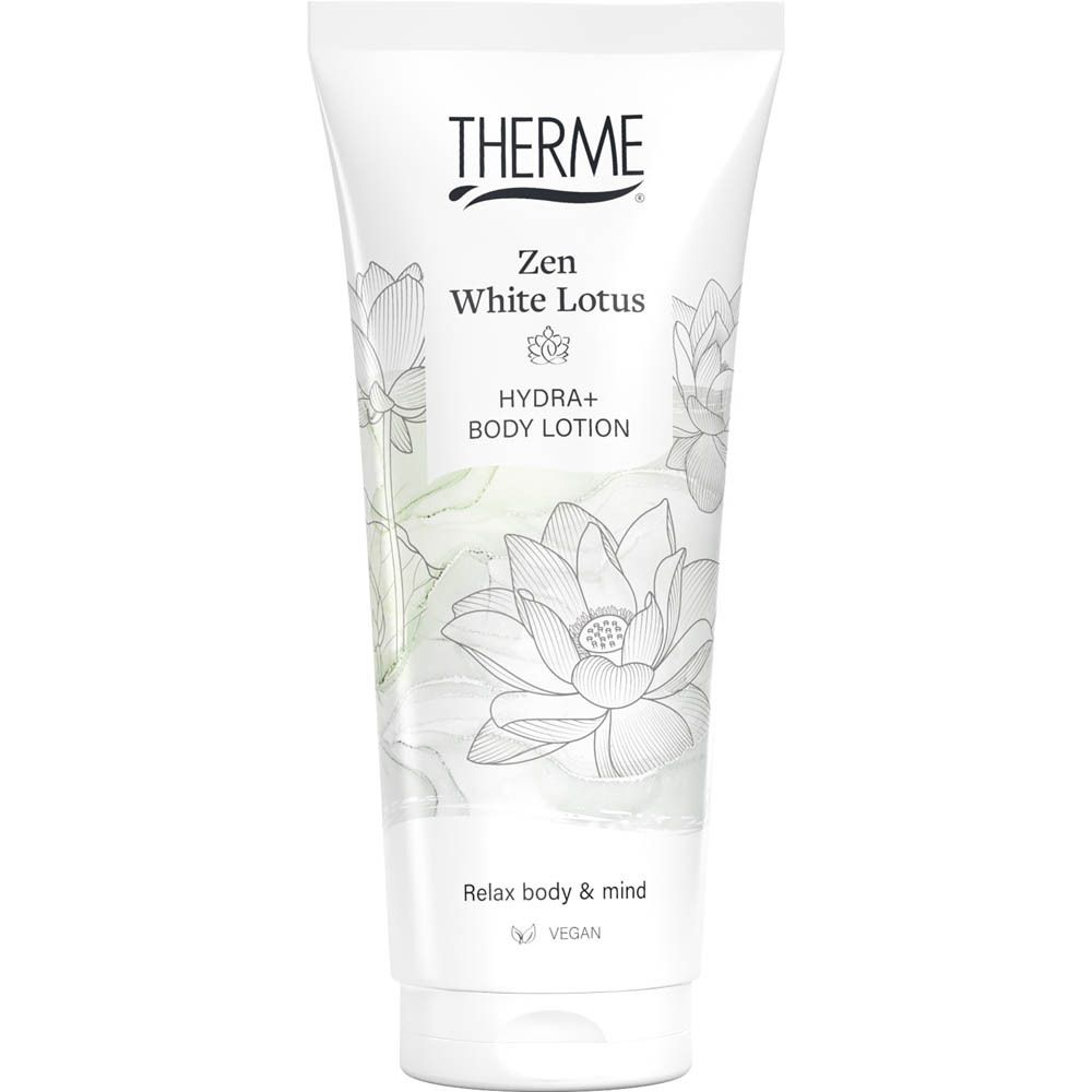 Bouteille blanche THERME Zen White Lotus Hydra+ Body Lotion avec motif fleur de lotus.