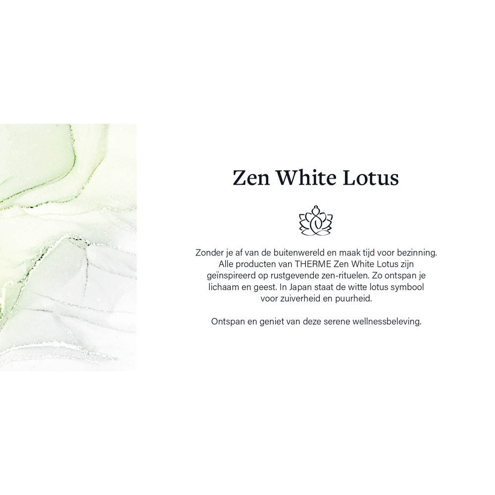 Vue latérale d'une bouteille blanche THERME Zen White Lotus Hydra+ Body Lotion.
