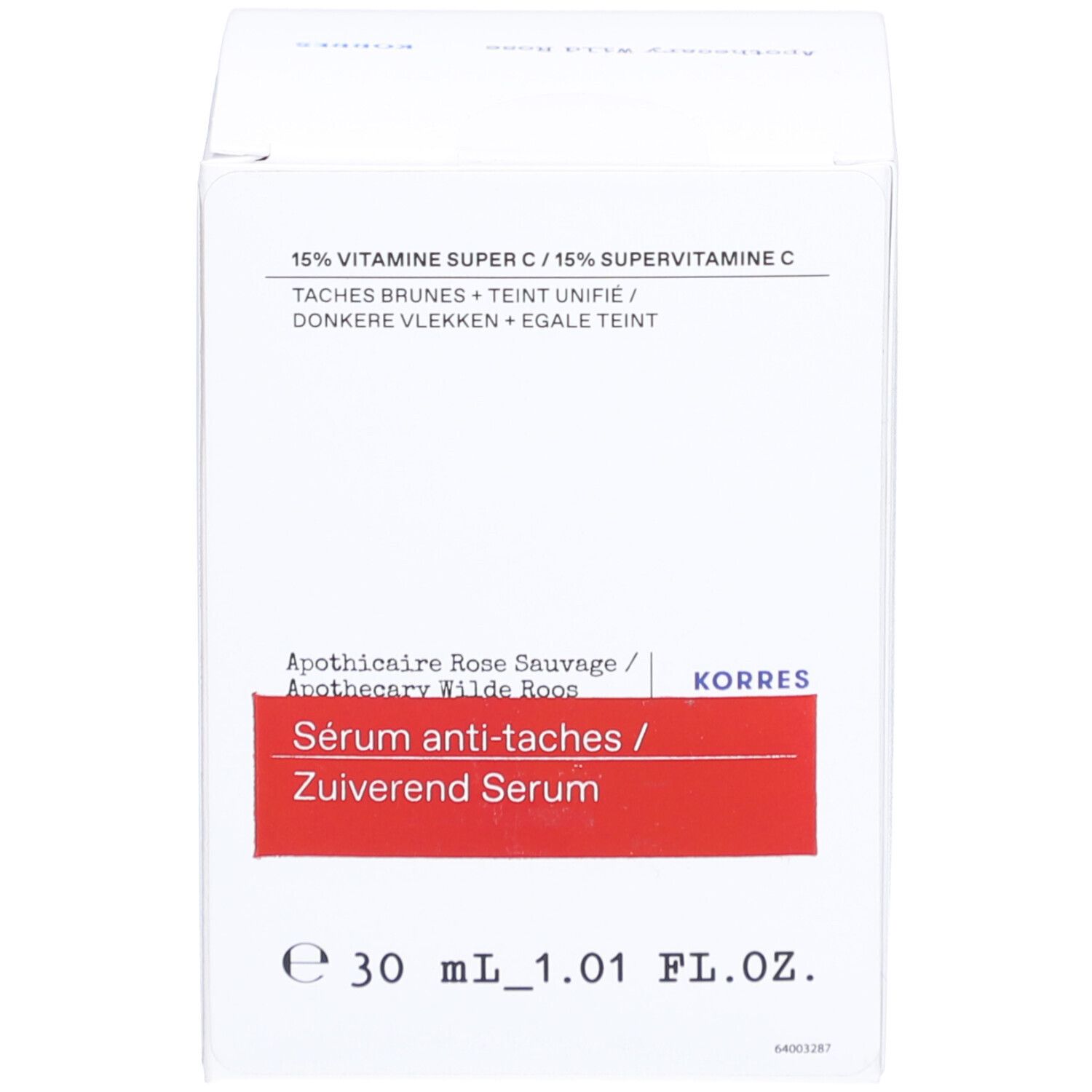 Emballage KORRES Apothecary Wild Rose. Boîte blanche avec bande rouge et texte. 30 ml.