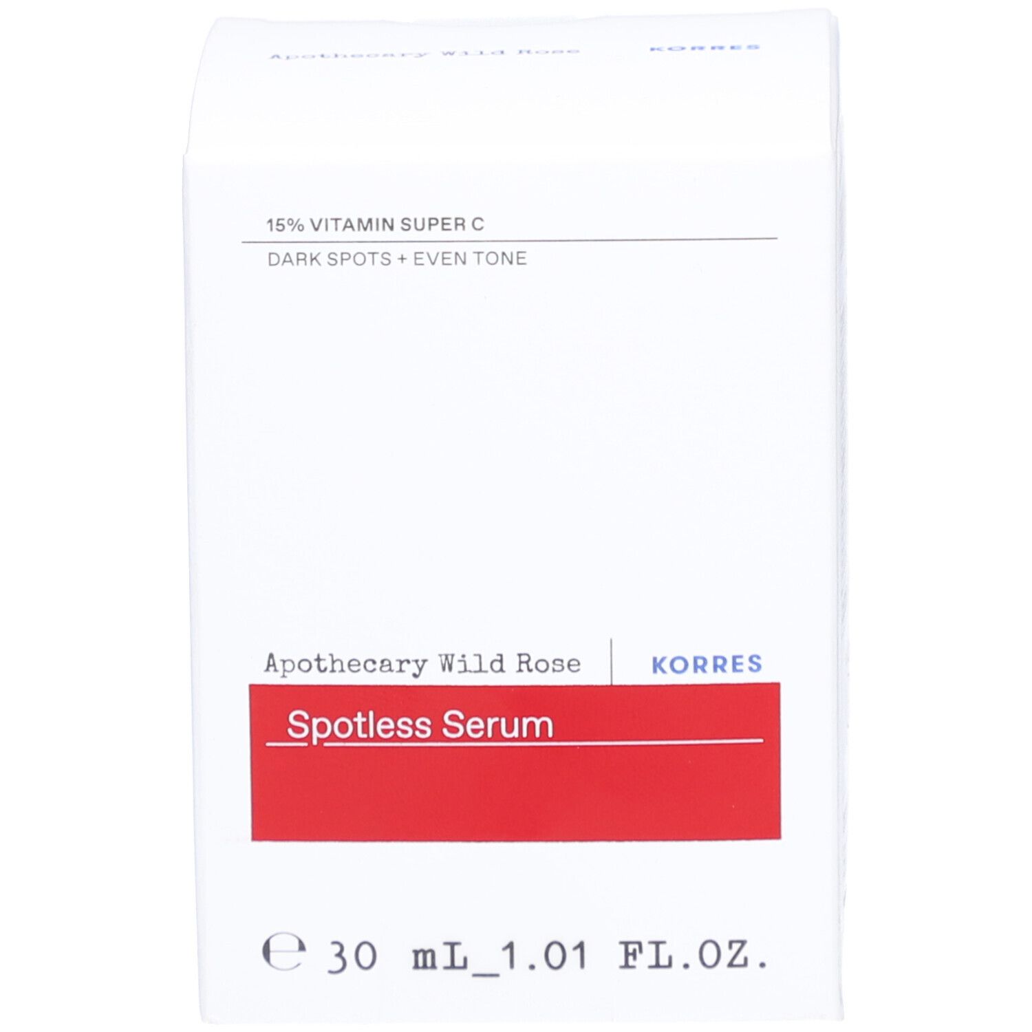 Emballage KORRES Apothecary Wild Rose Spotless Serum. Boîte blanche avec bande rouge et texte. 30 ml.