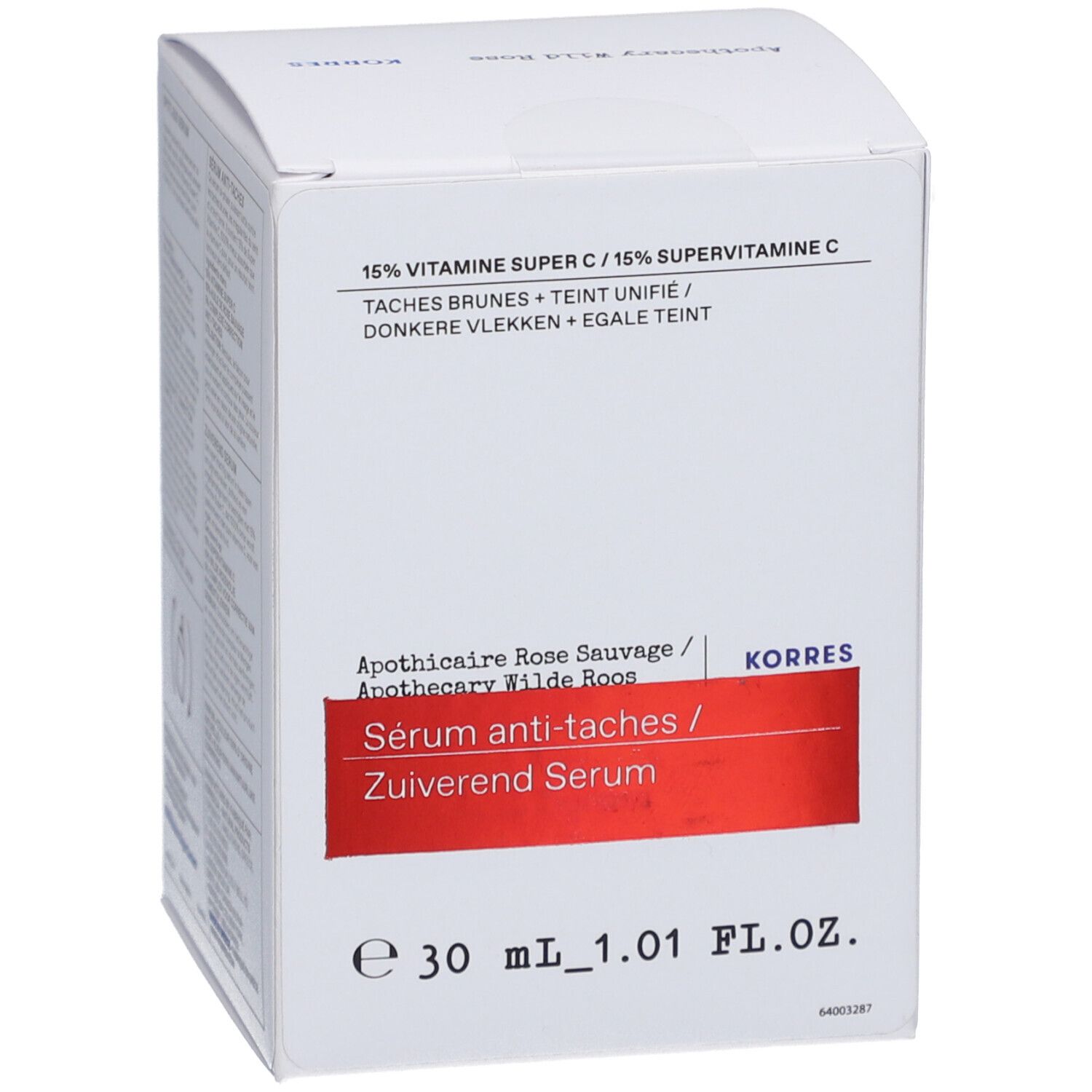 Emballage KORRES Apothecary Wild Rose Serum. Boîte blanche avec bande rouge et texte. 30 ml.