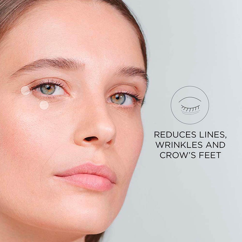 Visage de femme. Texte: Réduit les rides et les pattes d'oie. Œil dessiné.