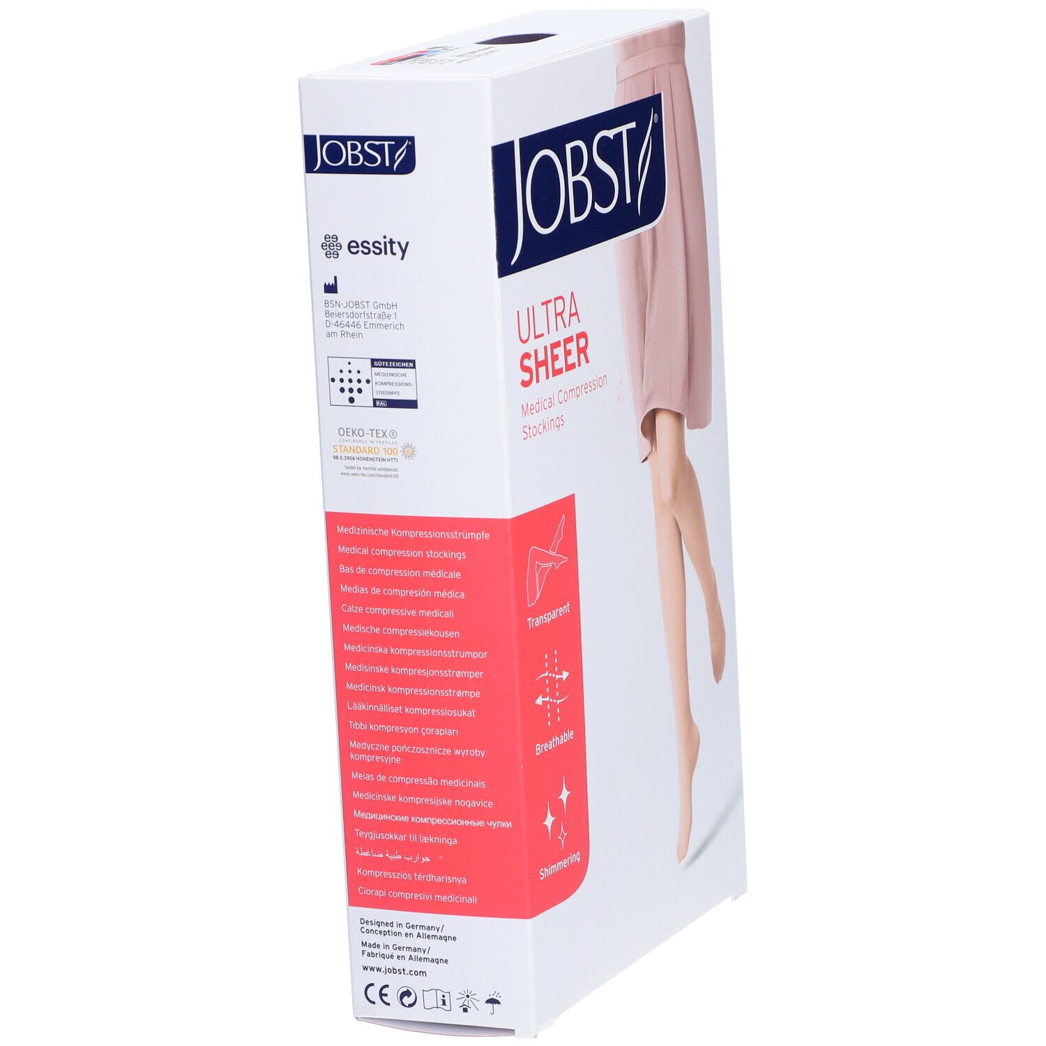 Boîte JOBST Ultra Sheer. Bas de compression médicaux. Texte, illustrations, informations produit. Marquage CE.