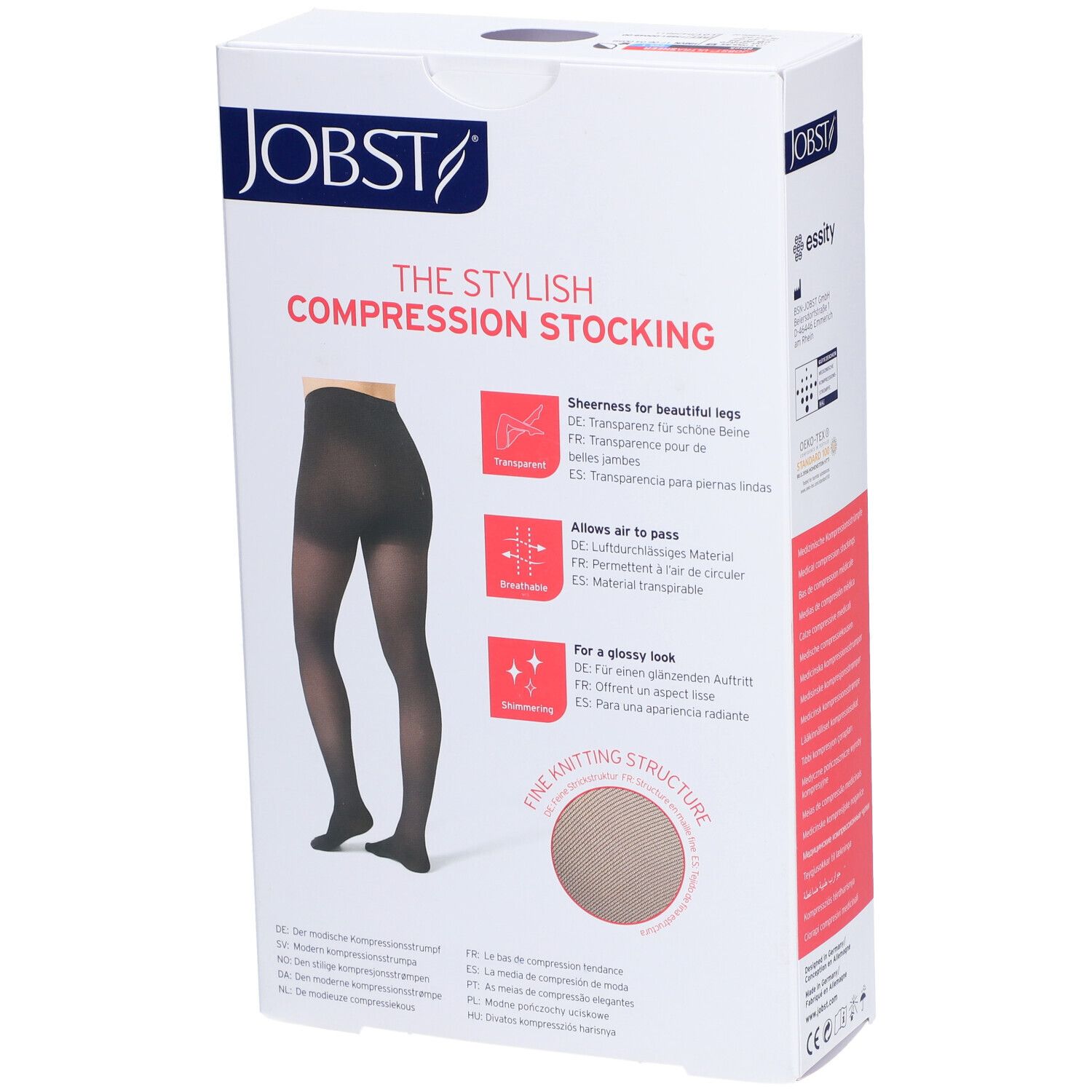 Boîte JOBST. Bas de compression. Bas noirs illustrés. Texte: The Stylish Compression Stocking.