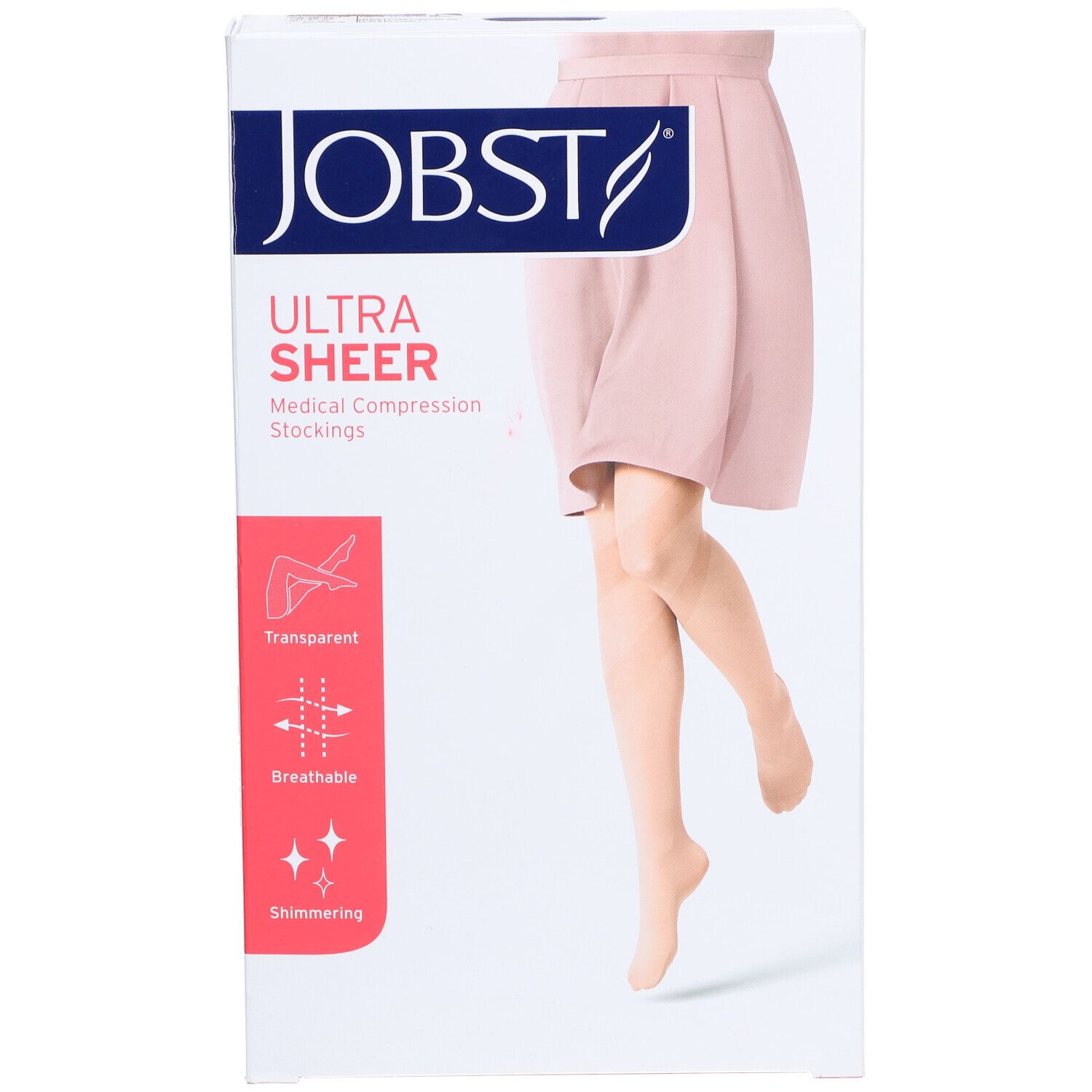 Boîte JOBST Ultra Sheer. Bas de compression médicaux. Transparent, respirant, scintillant. Illustration d'une femme portant des bas.