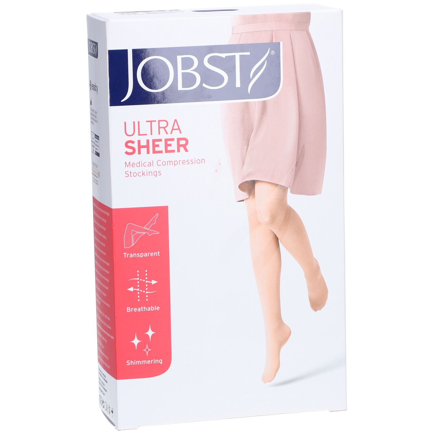 Boîte JOBST Ultra Sheer. Bas de compression médicaux. Transparent, respirant, scintillant. Illustration d'une femme portant des bas.