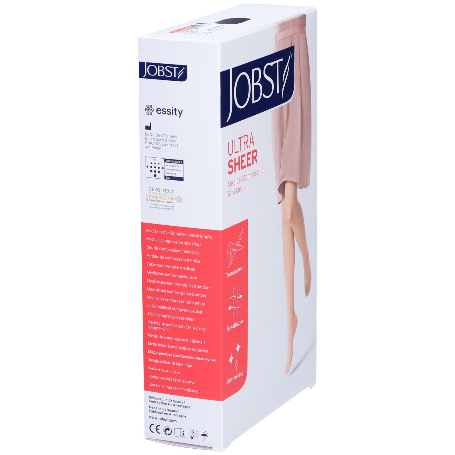 Boîte JOBST UltraSheer. Informations produit et illustrations. Transparent, respirant, scintillant.