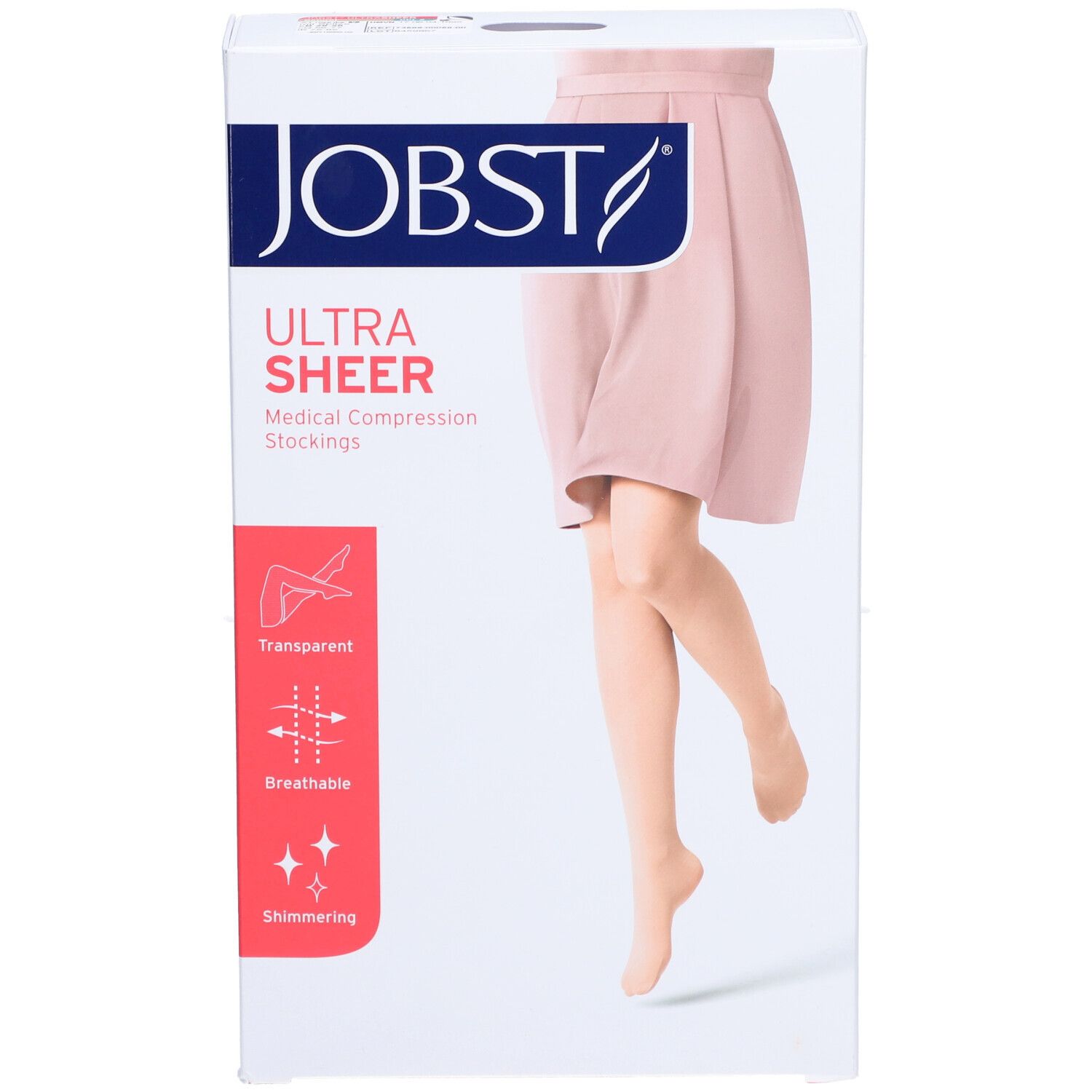 Boîte JOBST UltraSheer. Bas de compression médicaux. Femme portant des bas. Transparent, respirant, scintillant.