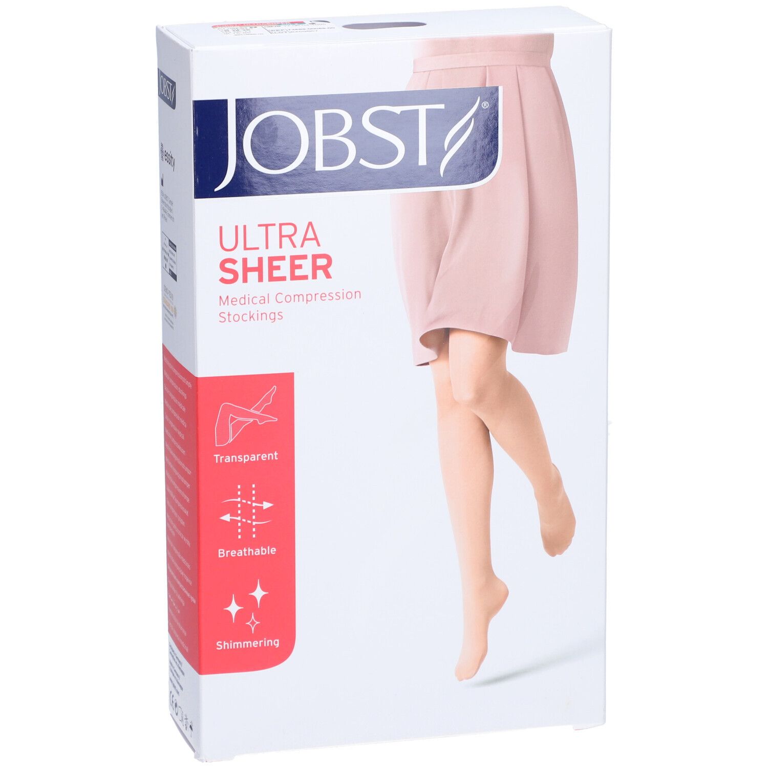 Boîte JOBST UltraSheer. Bas de compression médicaux. Femme portant des bas. Transparent, respirant, scintillant.