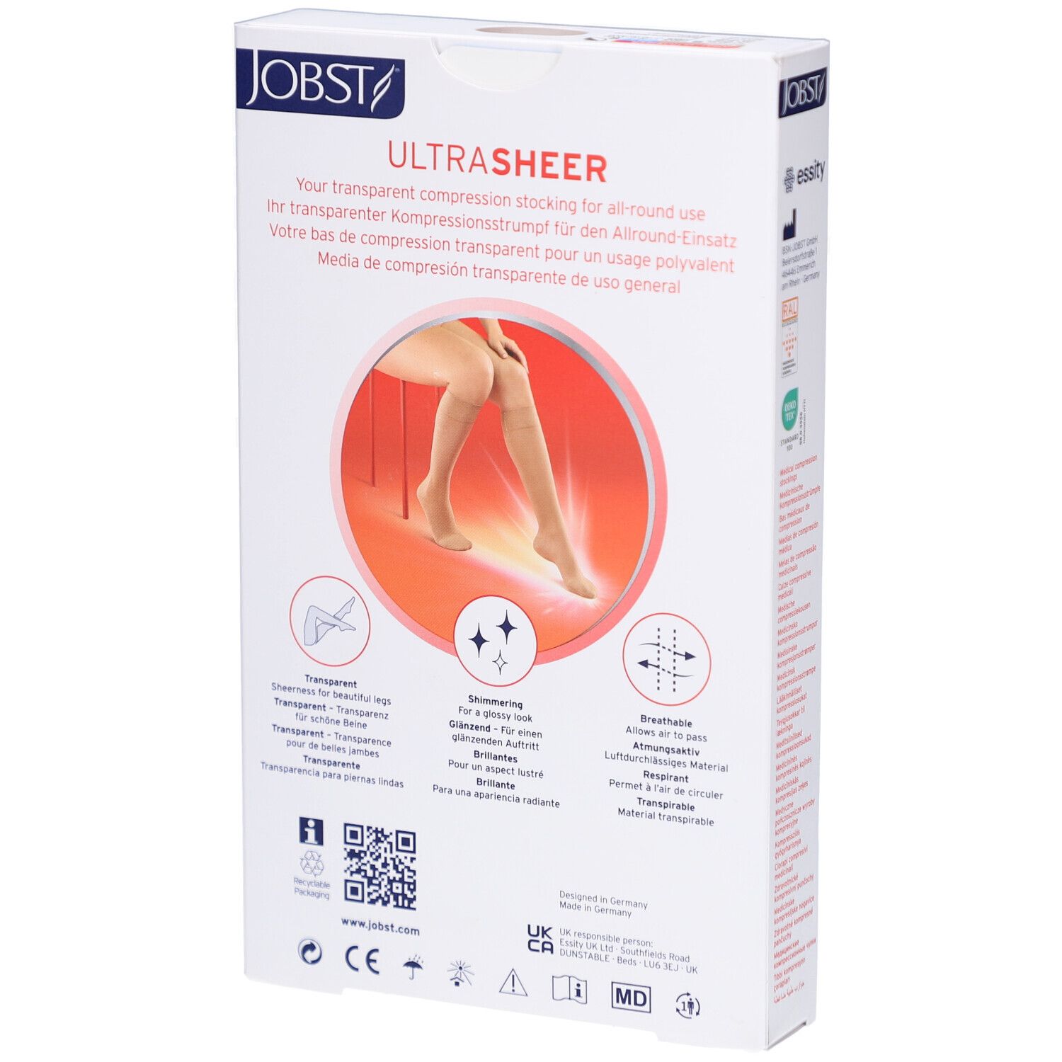 Dos de l'emballage des bas de compression JOBST UltraSheer. Texte et pictogrammes. Illustration d'une jambe.