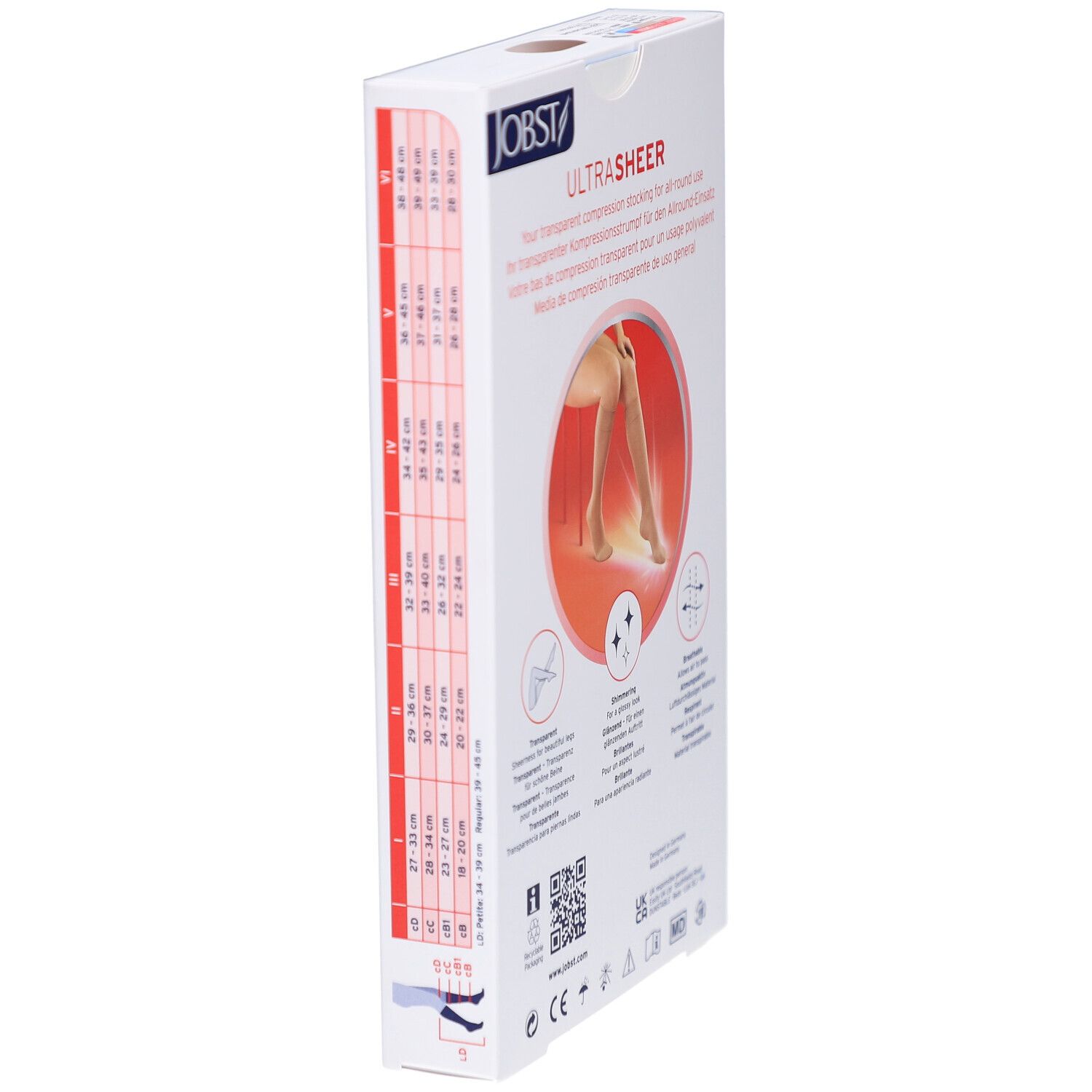 Côté de l'emballage des bas de compression JOBST UltraSheer. Indications de taille et pictogrammes. Illustration d'une jambe.