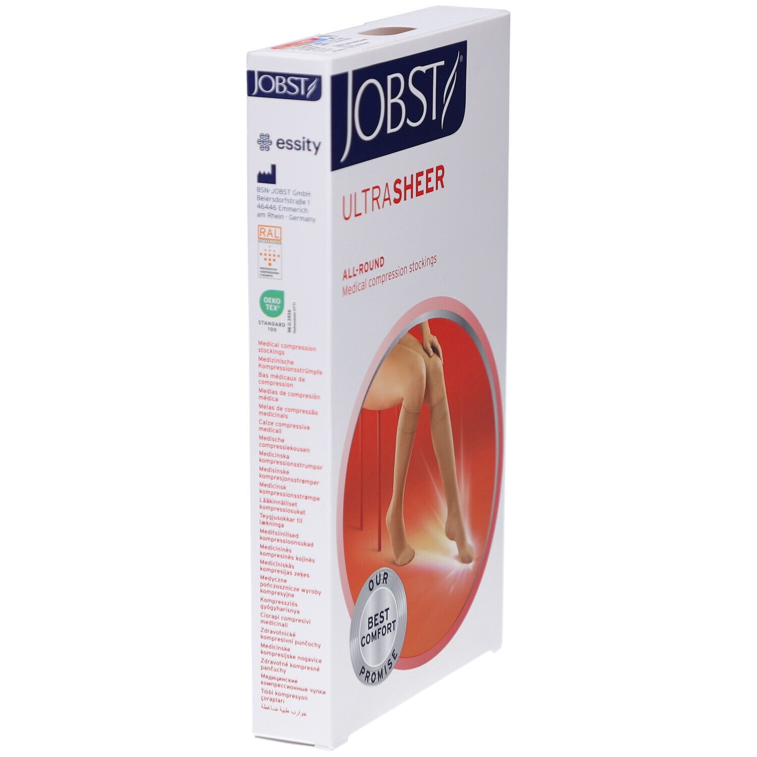 Emballage JOBST UltraSheer. Bas de compression au genou. Vue latérale. Logos et texte. Certifications.
