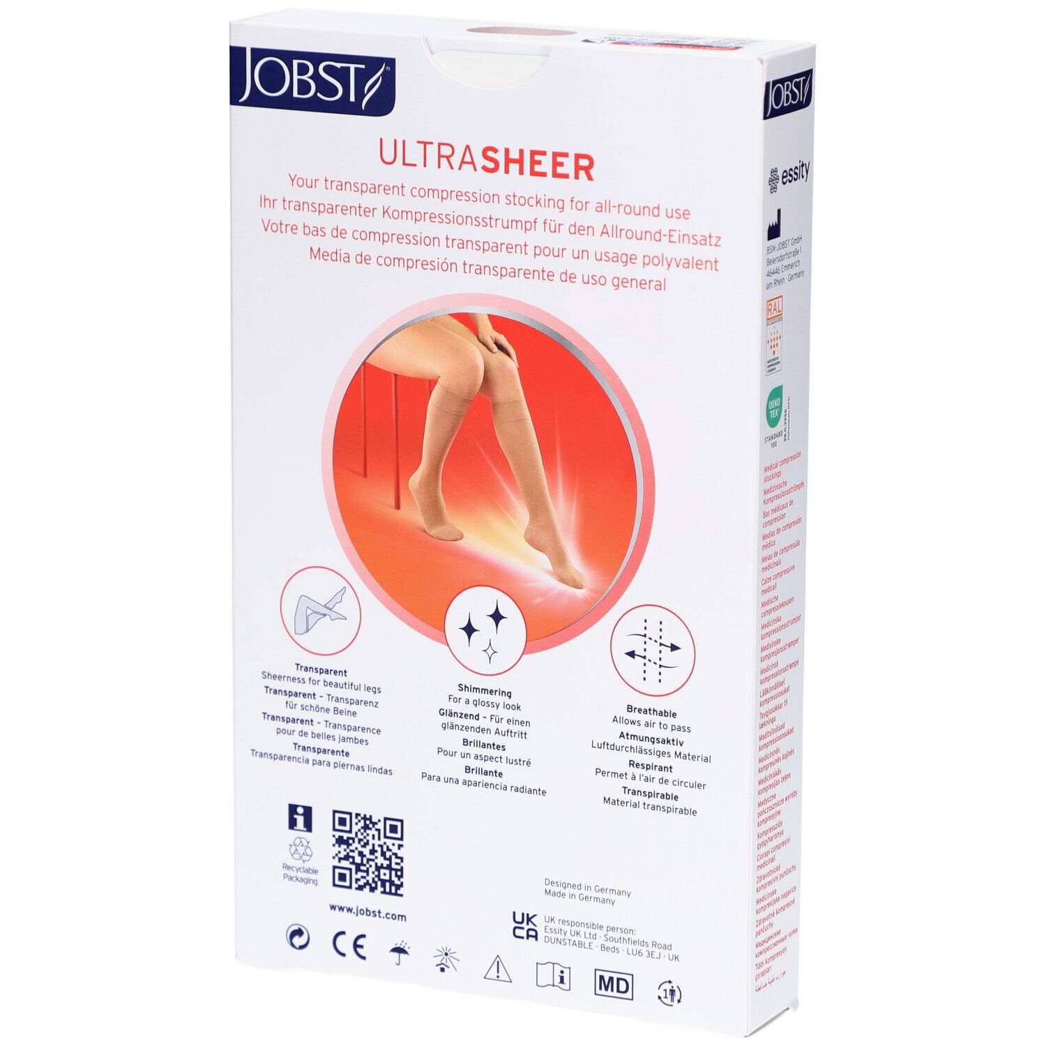 Dos de l'emballage JOBST UltraSheer bas de compression. Texte et illustrations des caractéristiques. Certifications et code QR.