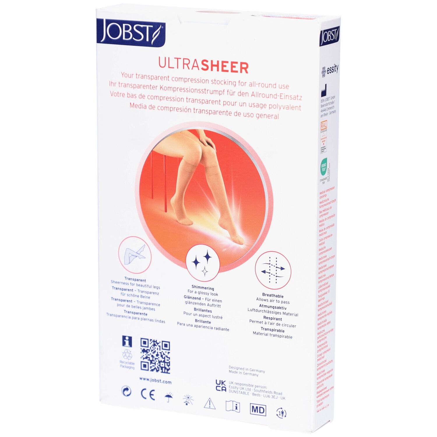Dos de l'emballage JOBST UltraSheer bas de compression. Caractéristiques du produit, certifications, code QR.