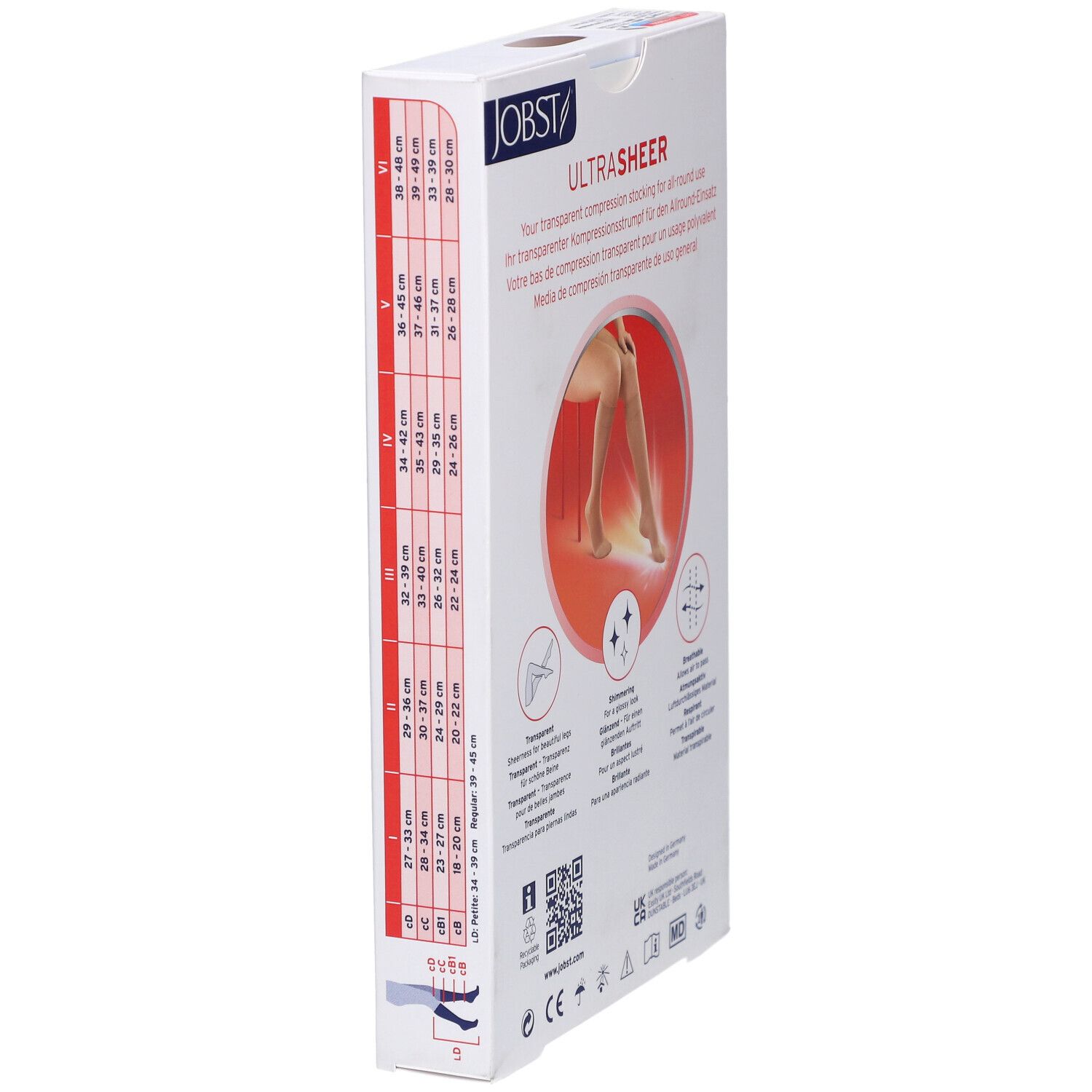 Côté de l'emballage JOBST UltraSheer bas de compression. Tableau des tailles, certifications, code QR.