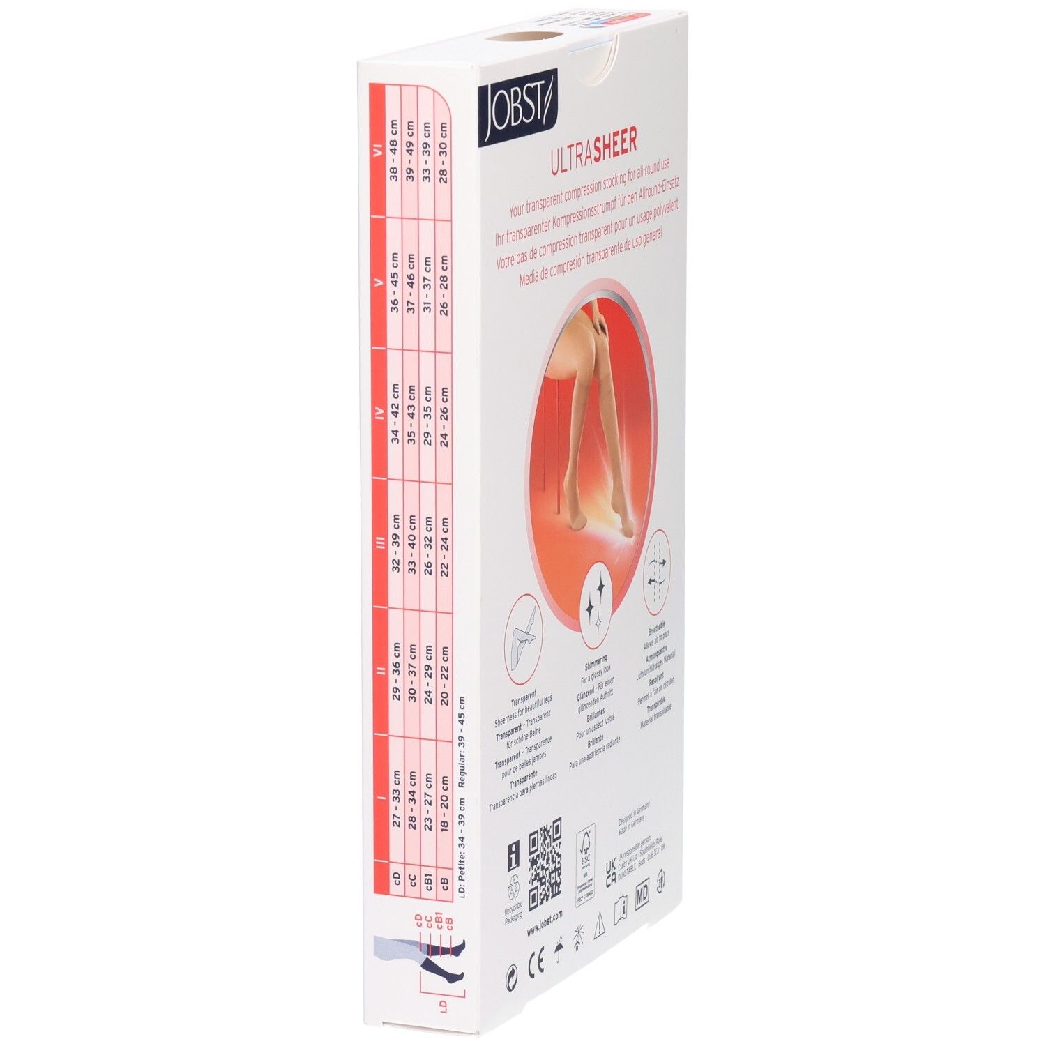 Bas de compression JOBST UltraSheer : vue latérale de la boîte avec tableau des tailles.