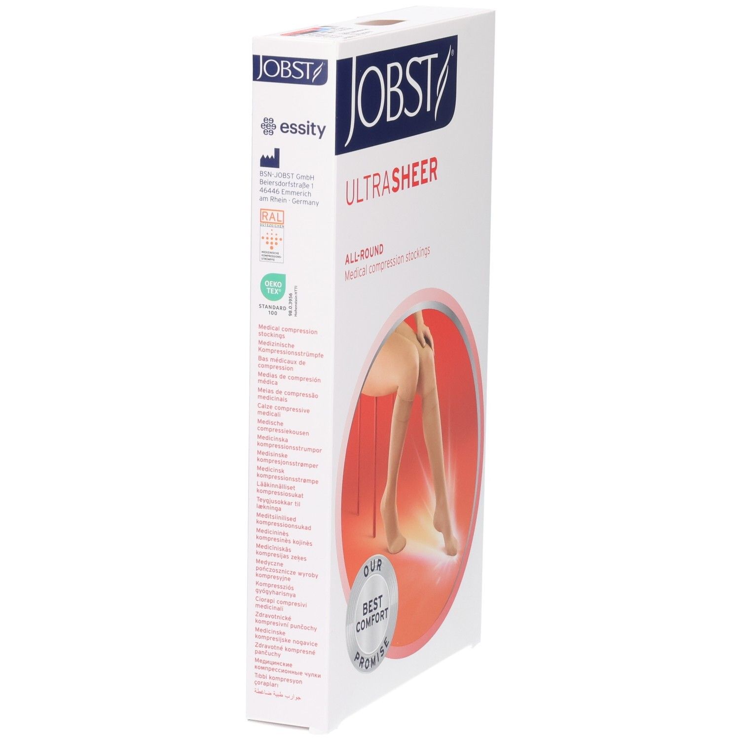 Bas de compression JOBST Ultrasheer, beige, avec certifications et informations produit.
