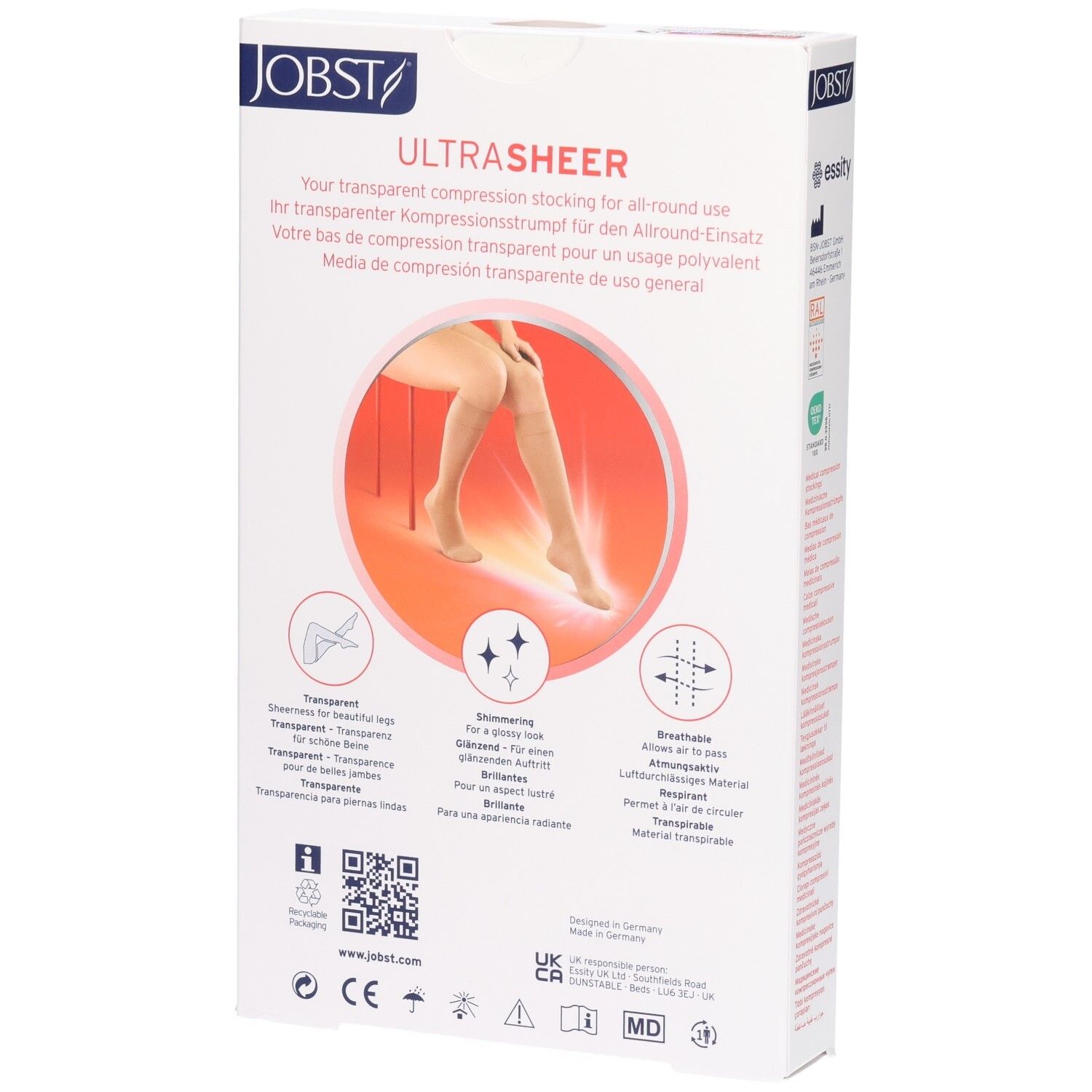 Bas de compression JOBST Ultrasheer, beige, avec indications sur la transparence et la respirabilité.