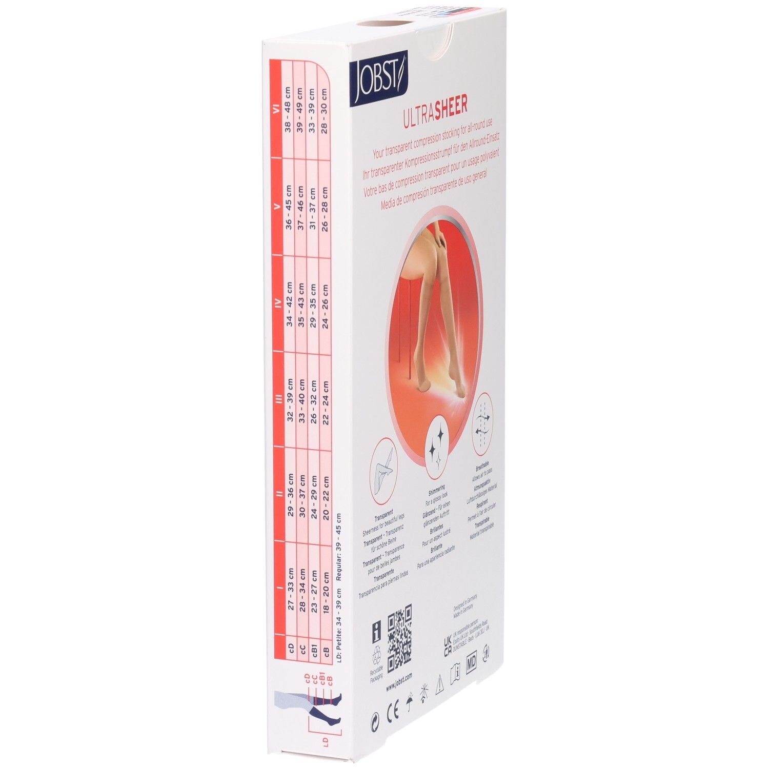 Bas de compression JOBST Ultrasheer, beige, tableau des tailles et caractéristiques du produit.