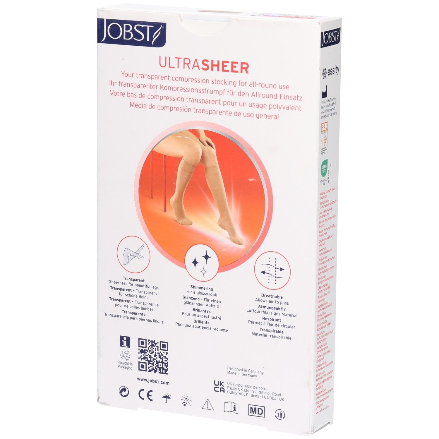 Dos de l'emballage JOBST UltraSheer bas de compression. Texte et pictogrammes. Image des bas.