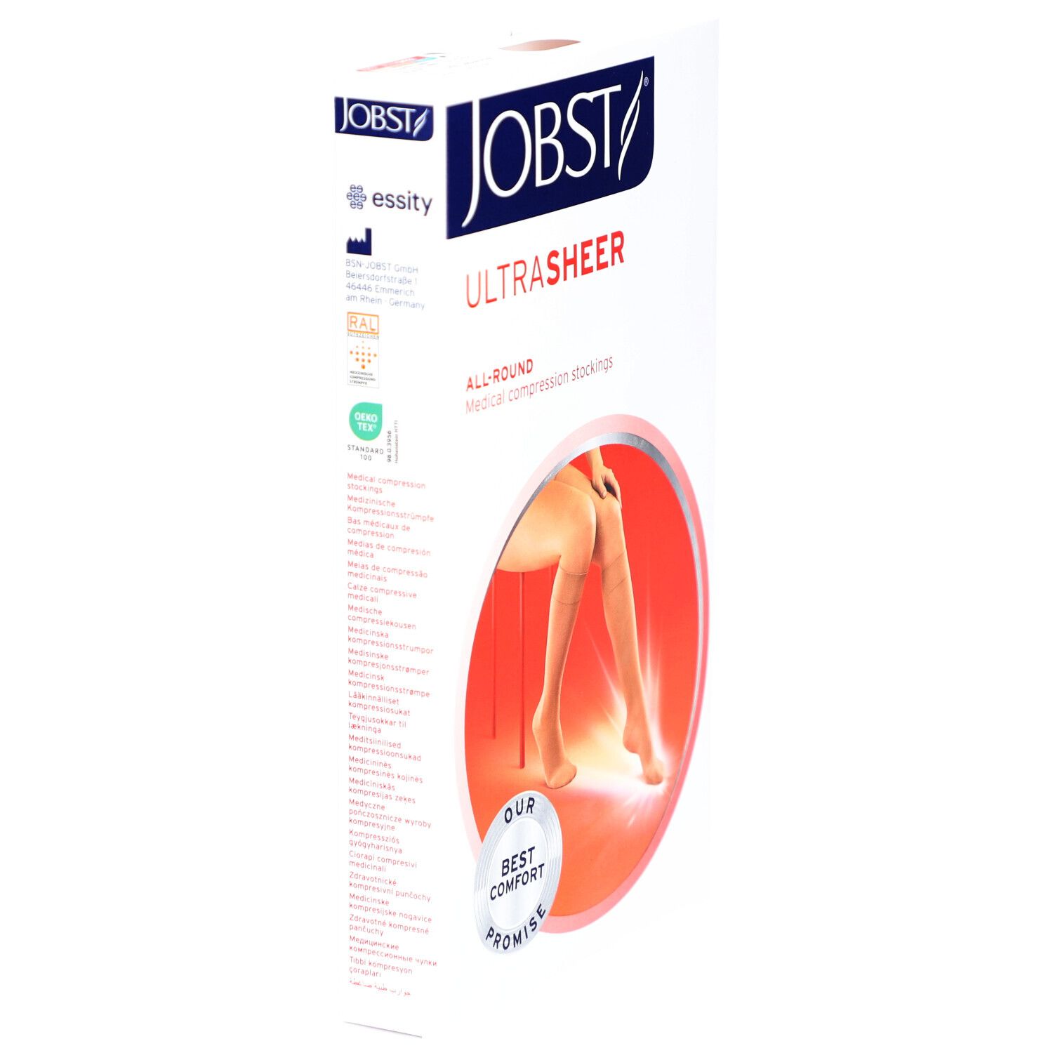 Emballage JOBST UltraSheer. Bas de compression. Logo, texte: UltraSheer, ALL-ROUND. Jambe avec bas dans cercle rouge. Certifications.