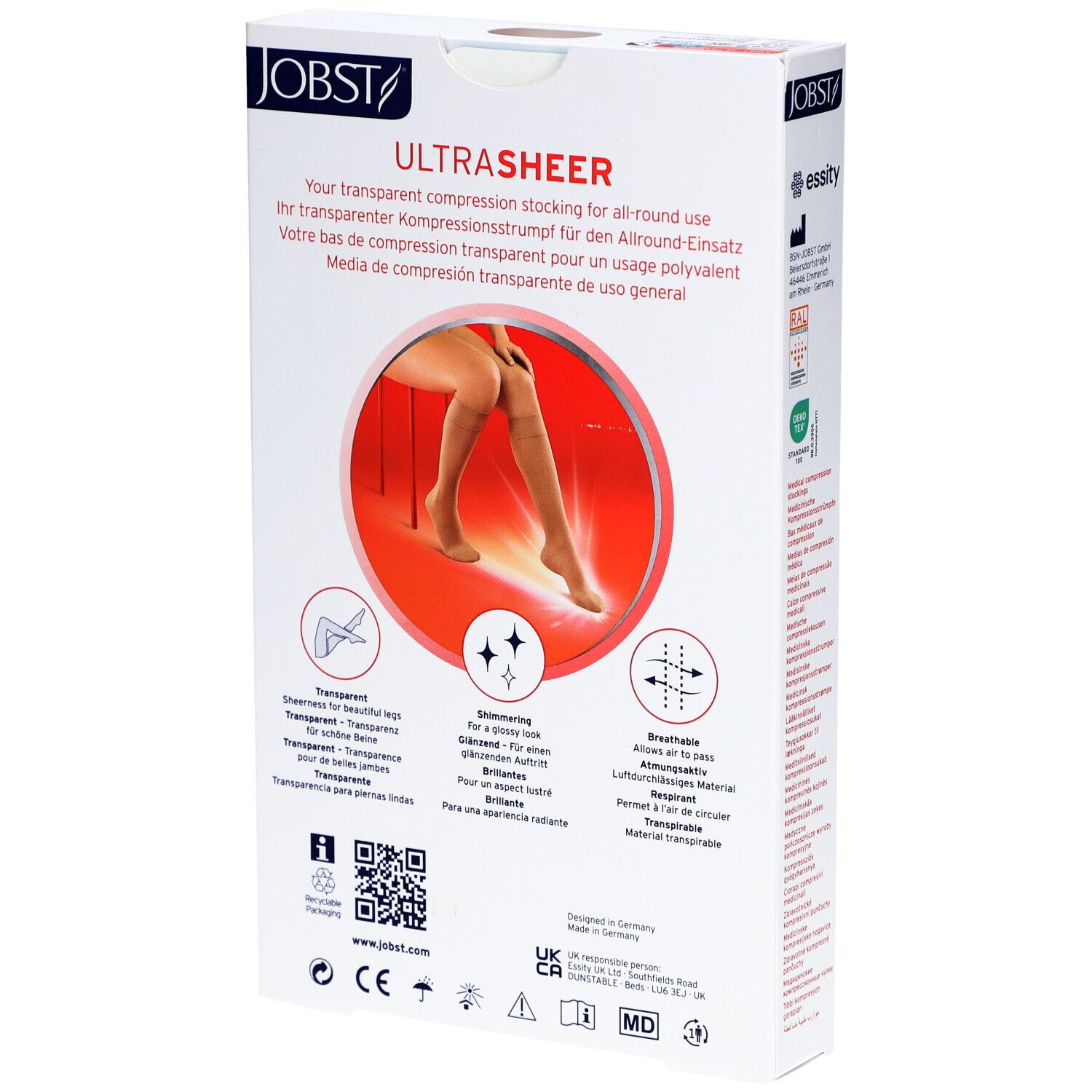 Dos de l'emballage JOBST UltraSheer. Texte: Your transparent compression stocking... Transparence, respirabilité, brillance. Certifications.
