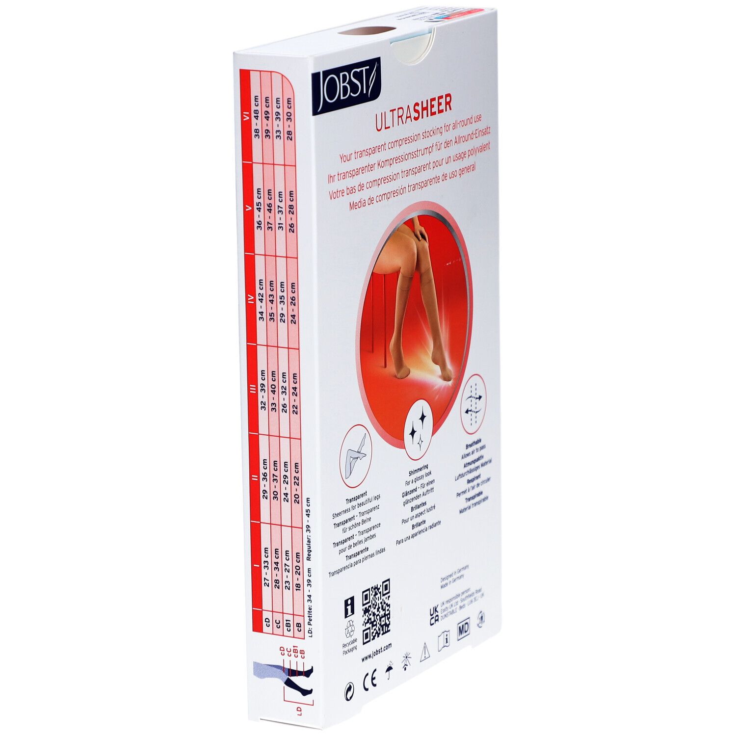 Côté de l'emballage JOBST UltraSheer. Indications de taille. Texte: Your transparent compression stocking... Jambe avec bas dans cercle rouge. Certifications.
