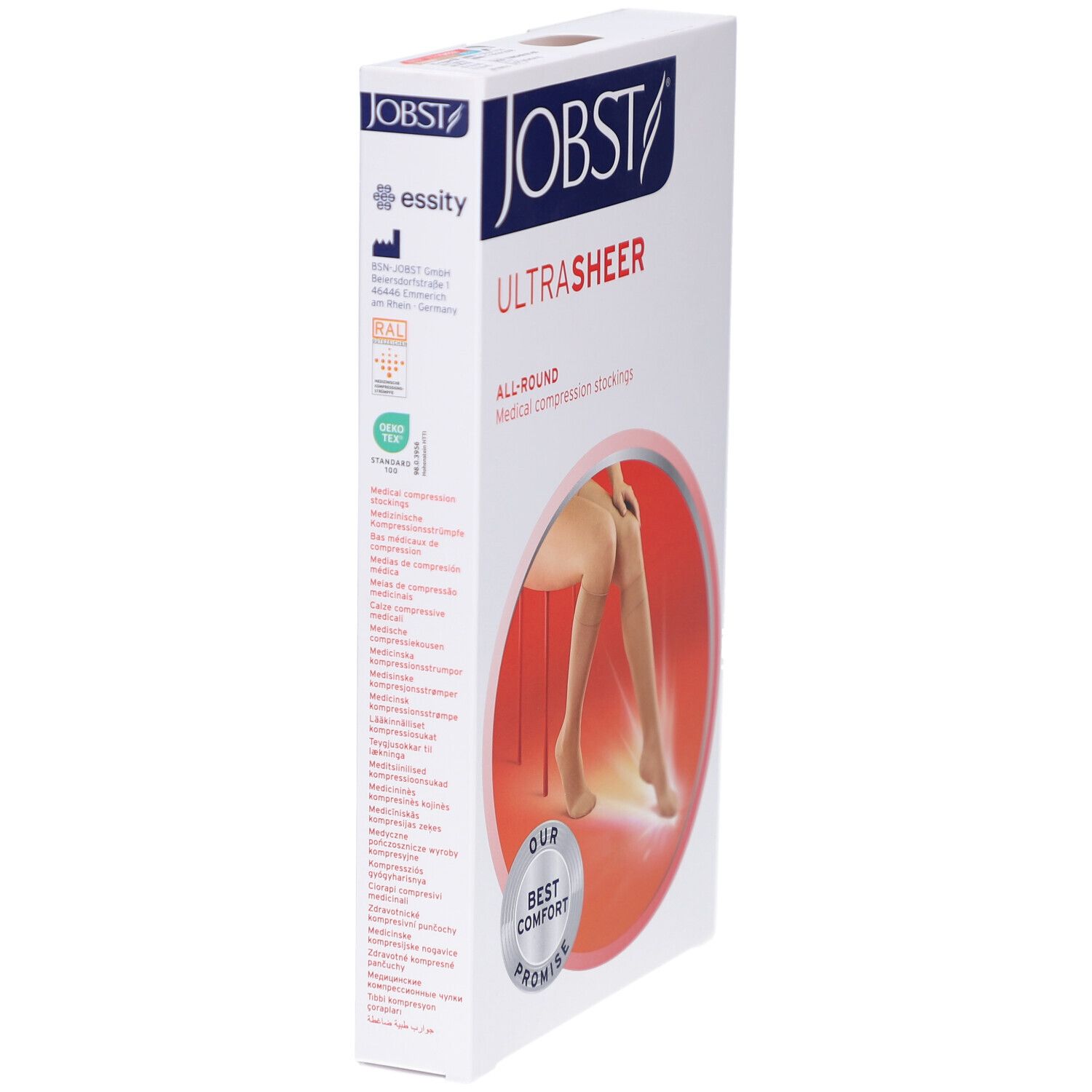Boîte de JOBST UltraSheer bas de compression. Logo, texte: UltraSheer, ALL-ROUND, Medical compression stockings. Certifications.