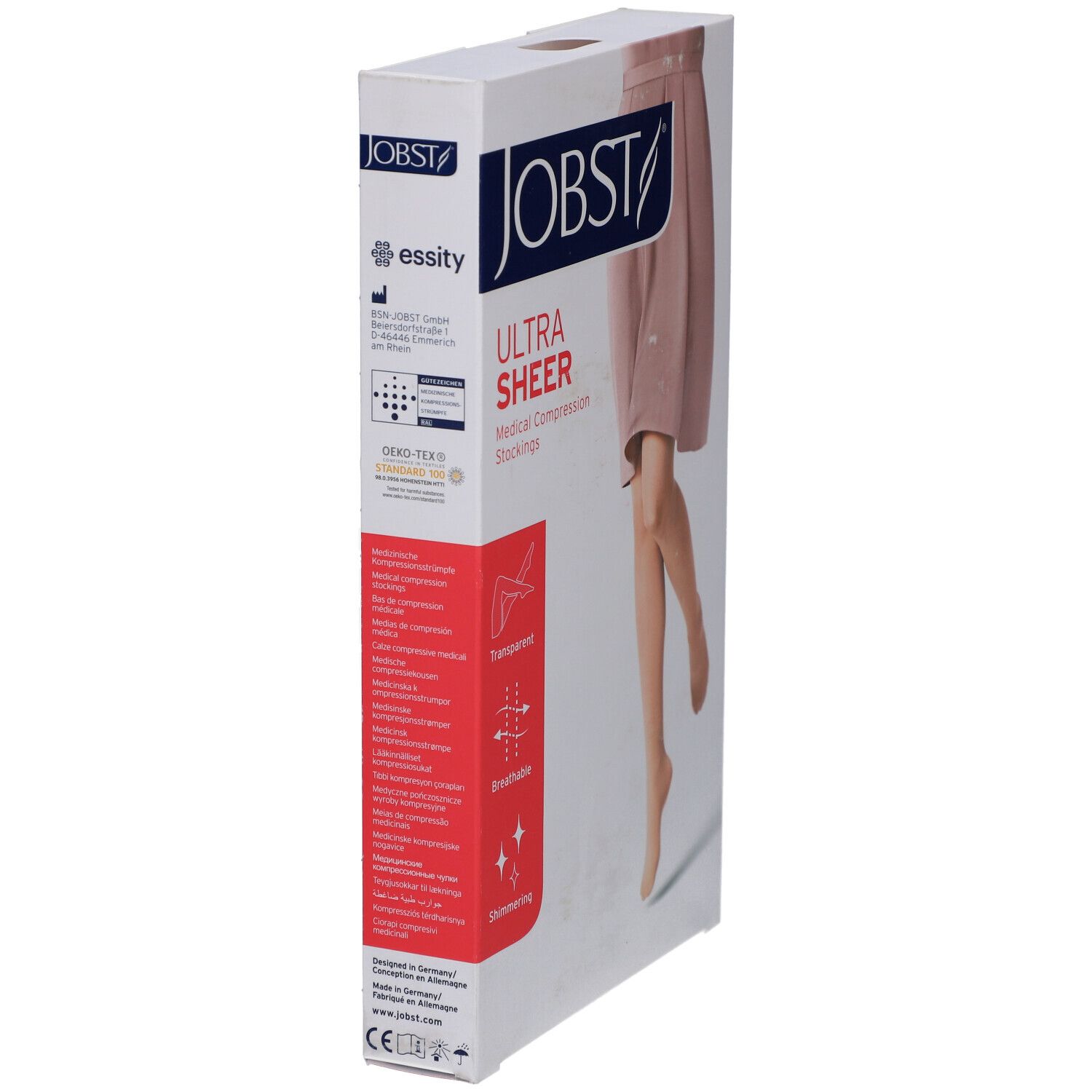 Emballage JOBST UltraSheer bas de compression. Image du produit: jambe avec bas. Certification Oeko-Tex.