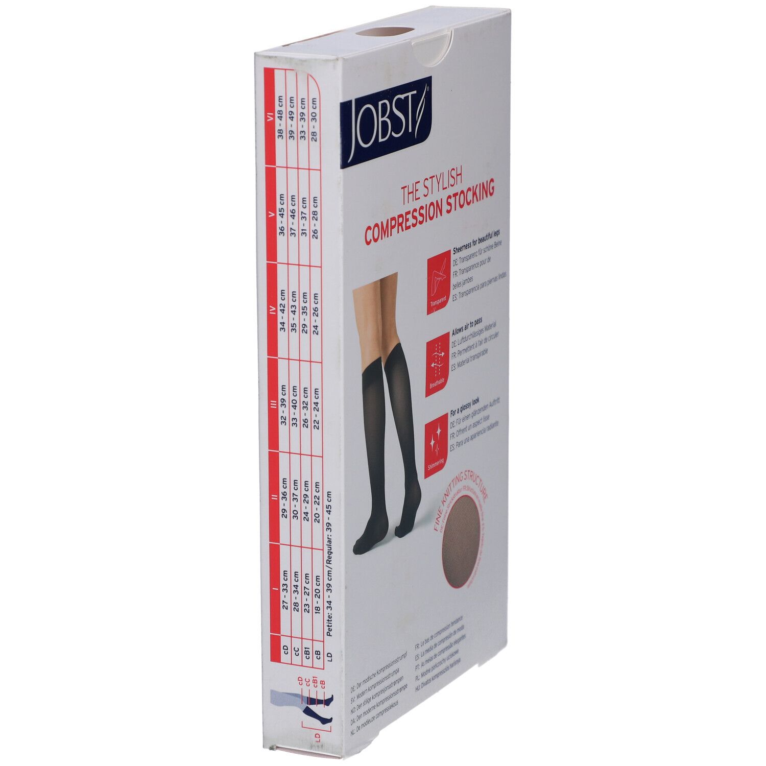 Emballage bas de compression JOBST. Image du produit: jambe avec bas noir. Tableau des tailles.
