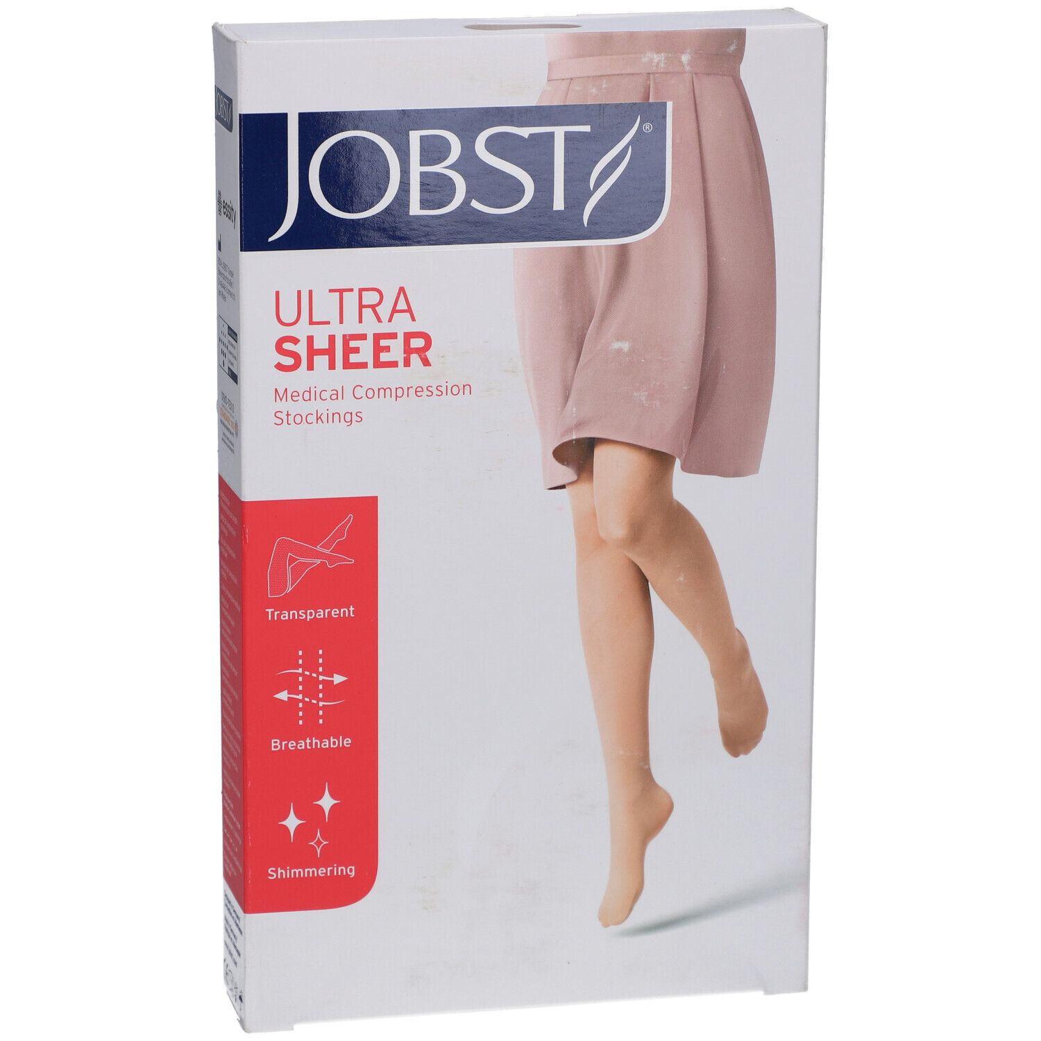 Emballage JOBST UltraSheer bas de compression. Image du produit: jambe avec bas. Transparent, respirant, scintillant.