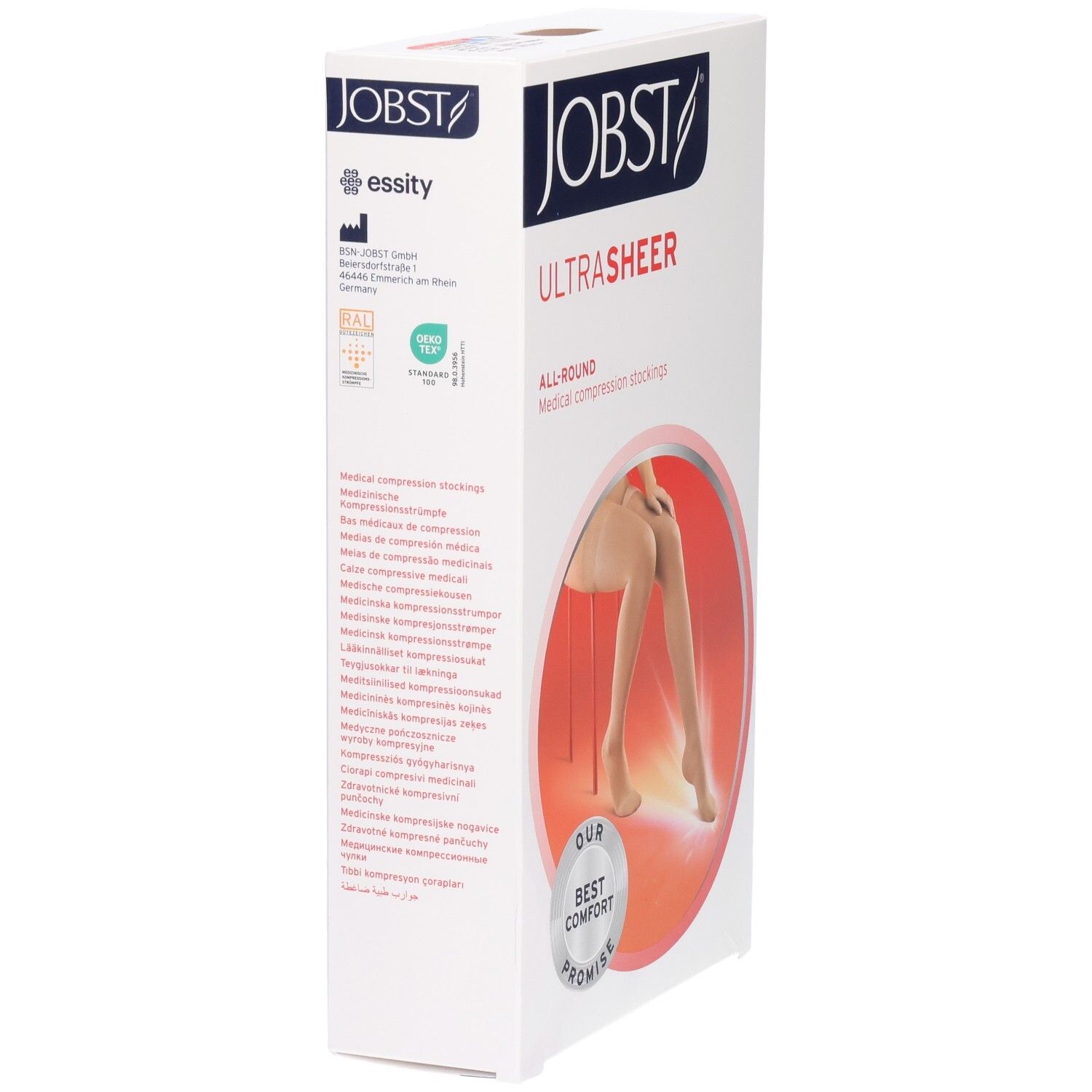 Emballage de bas de compression JOBST UltraSheer. Inscription : JOBST, UltraSheer, All-Round, bas de compression médicale. Logo : essity.