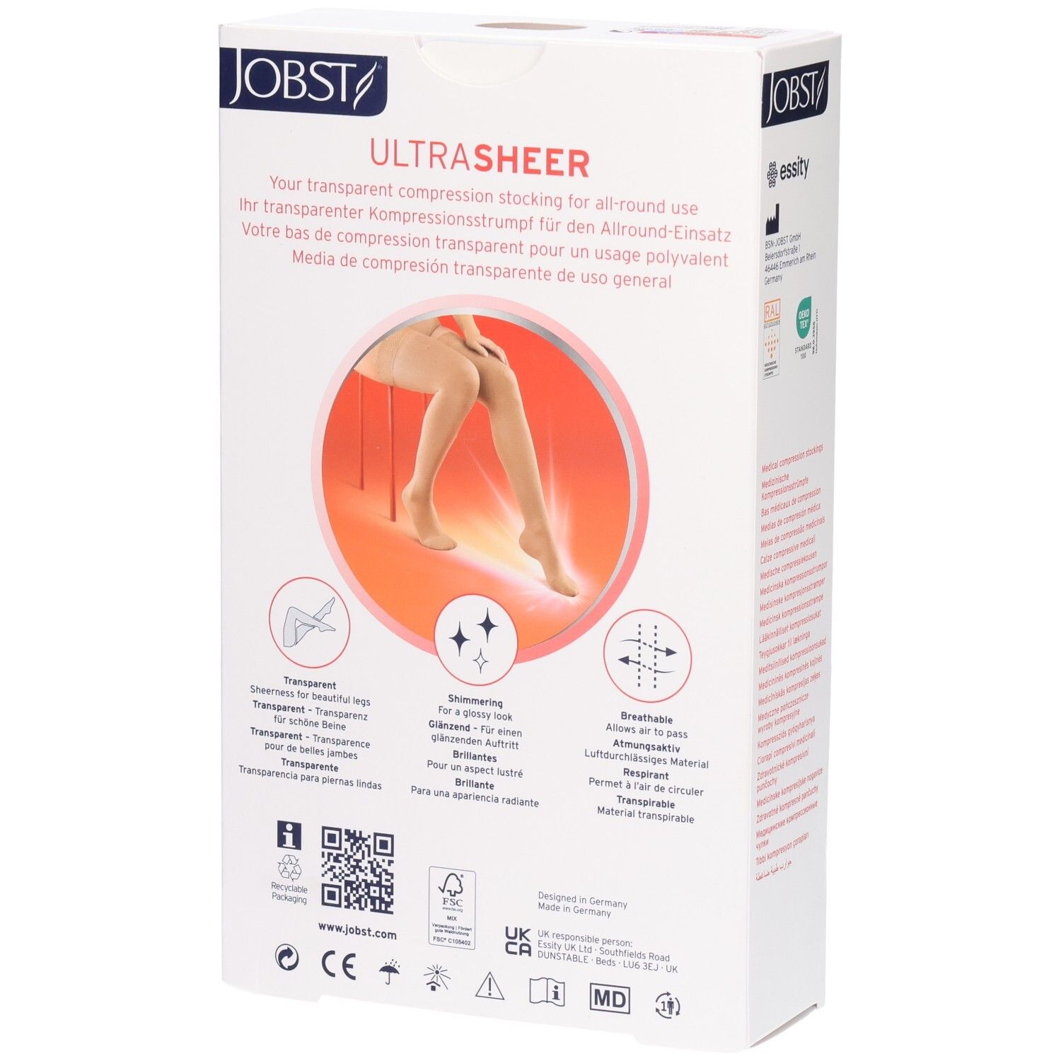 Dos de l'emballage des bas de compression JOBST UltraSheer. Texte : transparent, respirant, brillant. Logos et code QR.