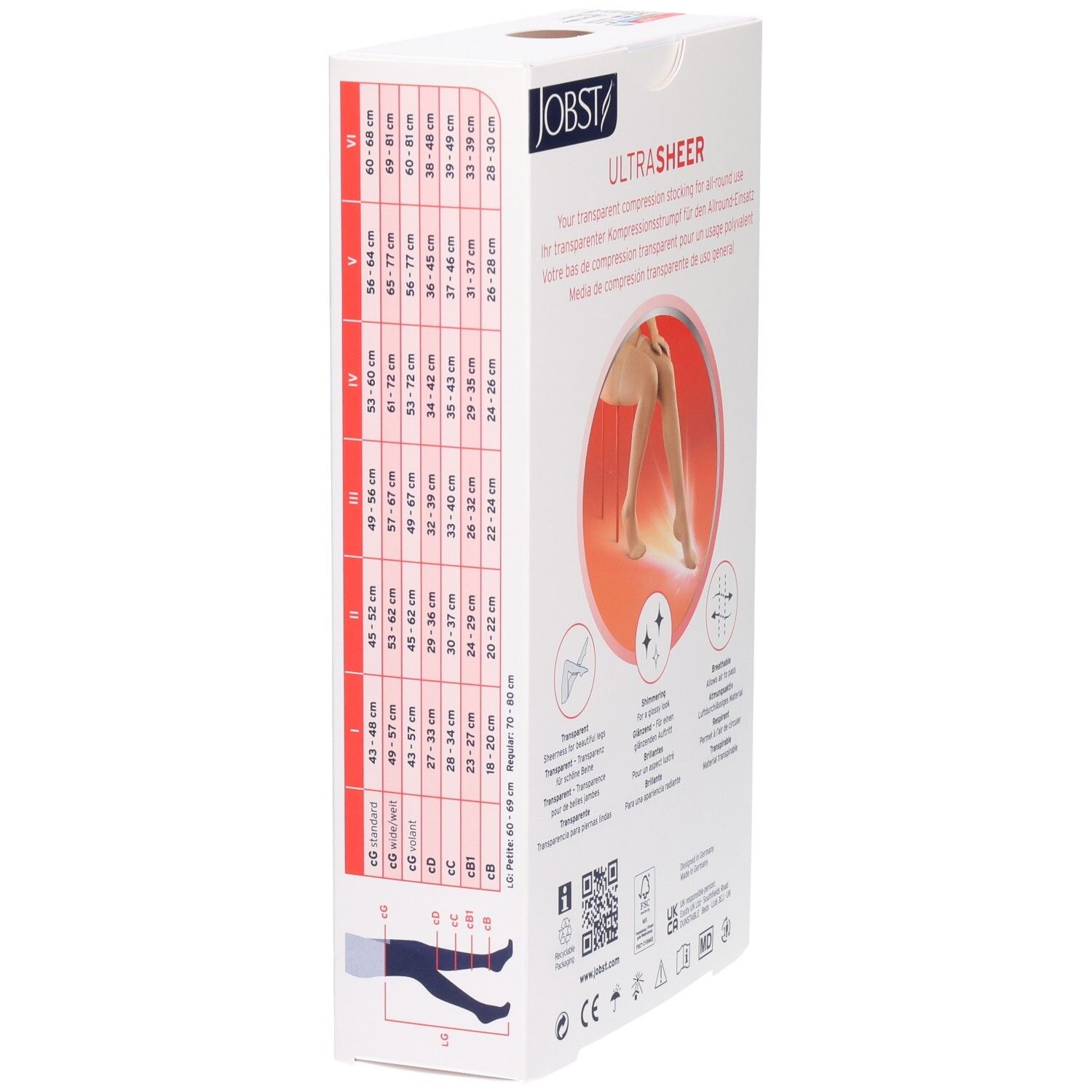 Emballage de bas de compression JOBST UltraSheer. Côté avec tableau des tailles. Texte : JOBST, UltraSheer, All-Round, bas de compression médicale.