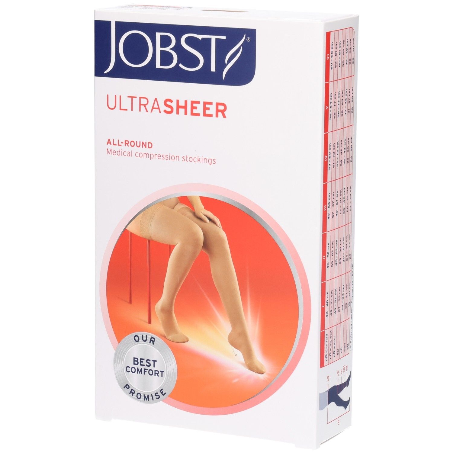 Bas JOBST UltraSheer: Emballage cartonné montrant une jambe portant une chaussette de compression couleur chair.