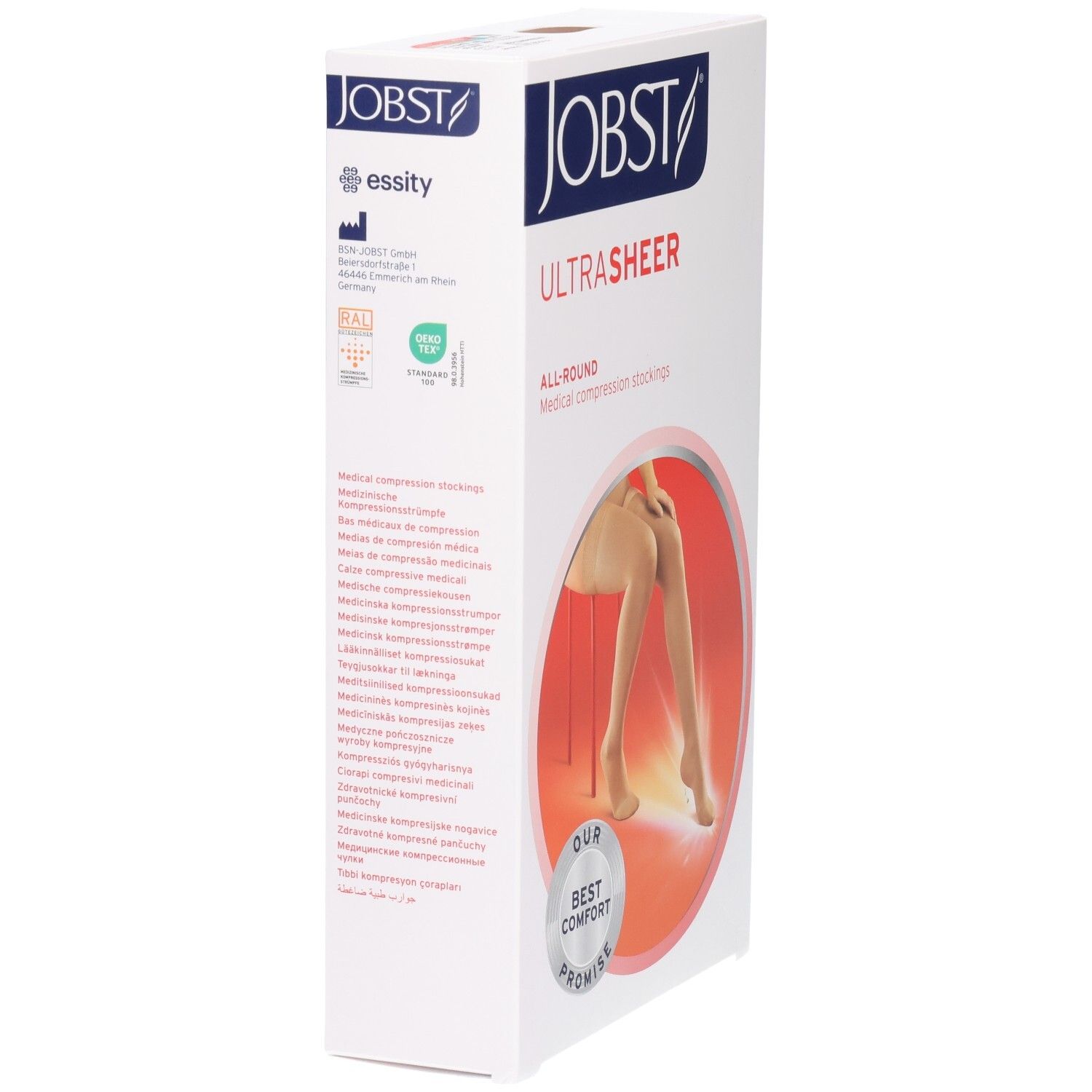 Bas JOBST UltraSheer: Vue latérale de l'emballage avec informations produit et sceaux.