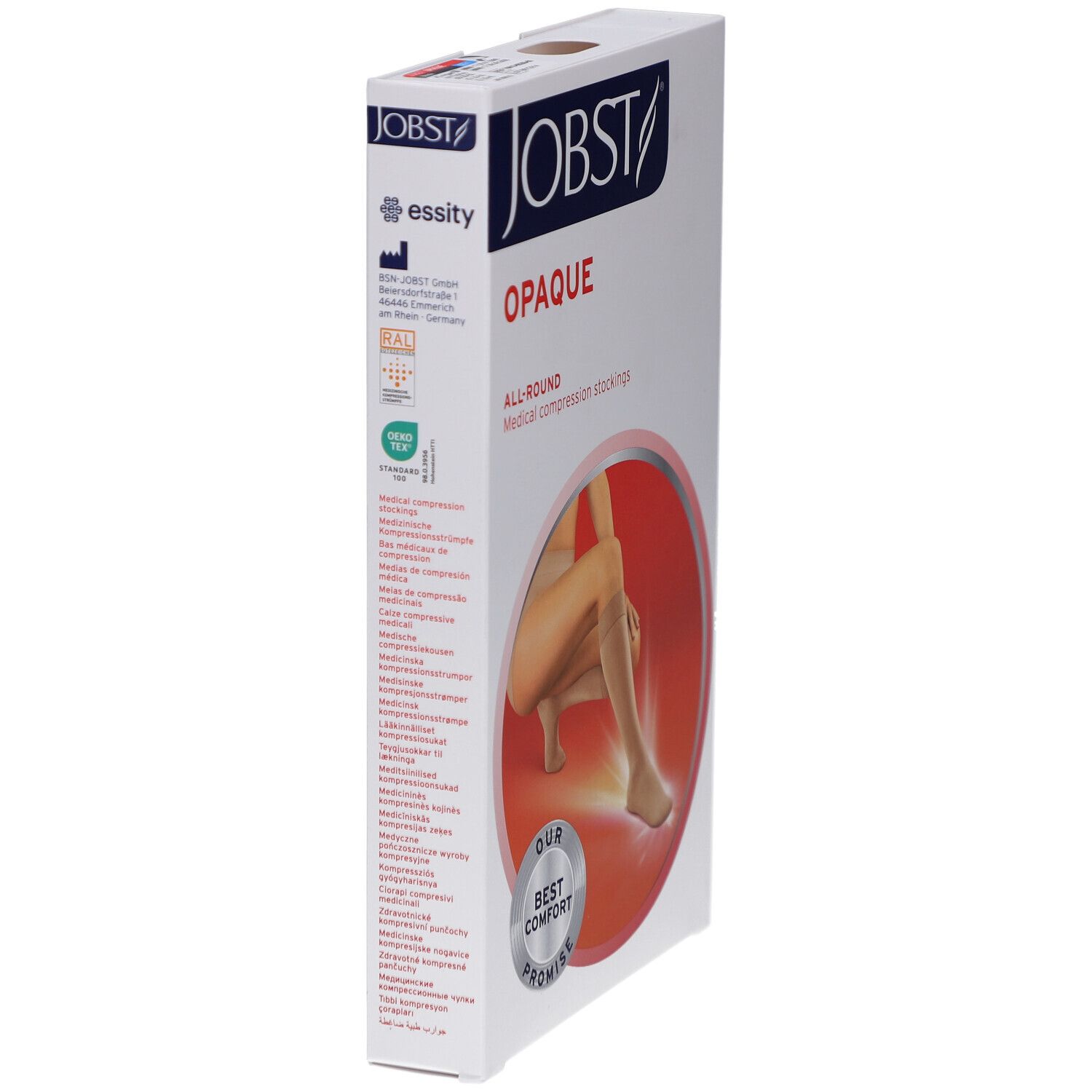 Boîte JOBST Opaque bas de compression. Logo, texte: Opaque, All-Round. Dispositif médical. Certifications. Cercle rouge avec femme.