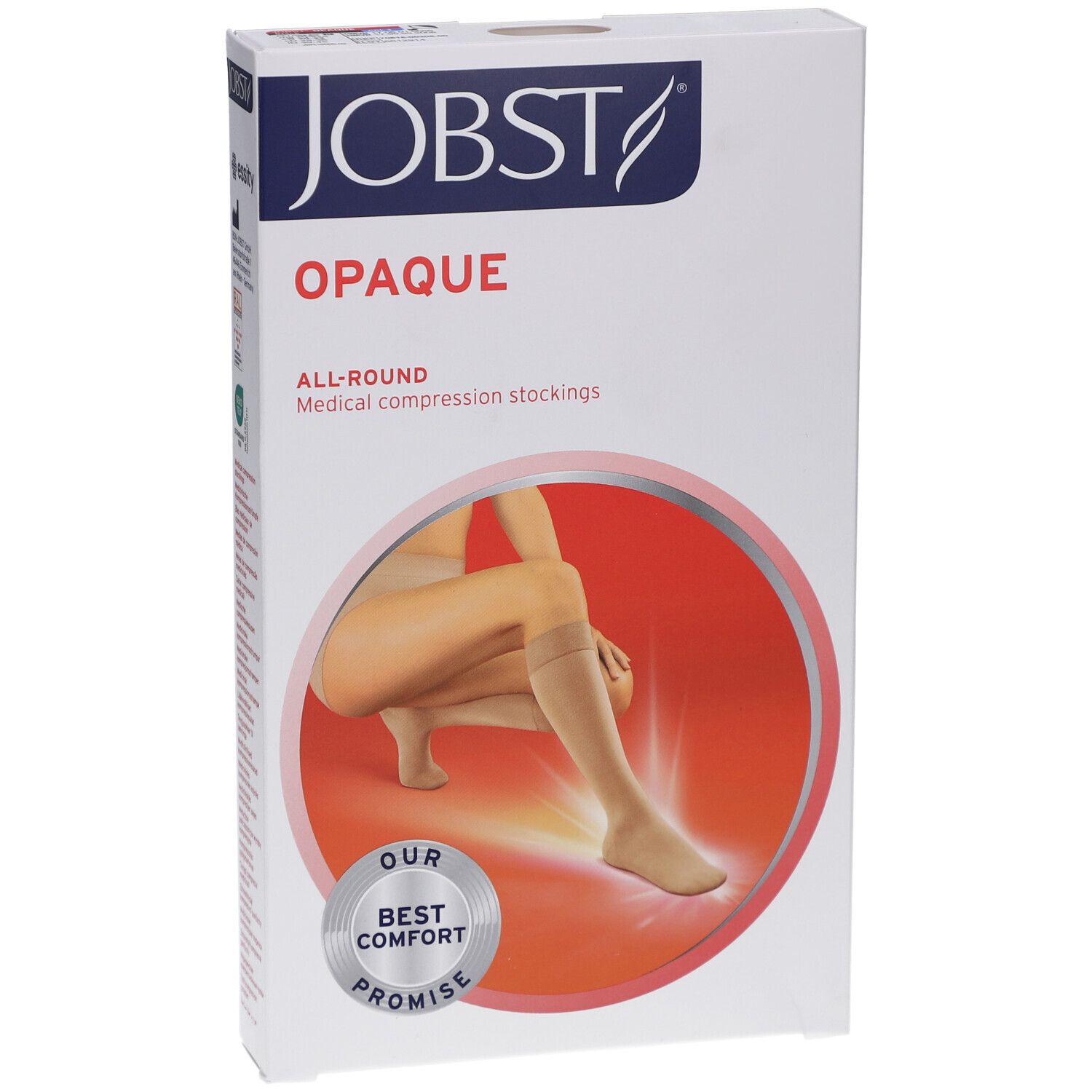 Boîte JOBST Opaque bas de compression. Texte: Opaque, All-Round, Medical compression stockings. Femme avec bas.